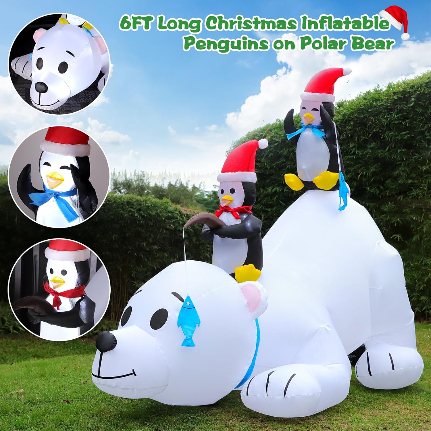 6FT Christmas Inflatable Polar Bear with Penguins Outdoor Decorations, Blow up 2 Penguins Fishing on Big Polar Bear with Bright LED Lights for Xmas Decor Outside Indoor Yard Garden Lawn Holiday Party
