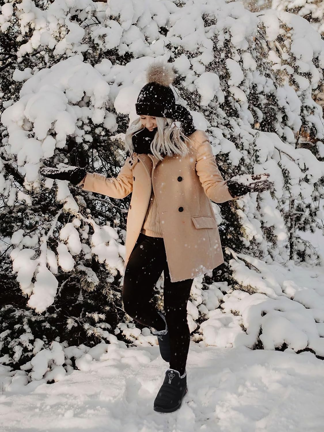 SHIBEVER Winter Boots for Women: Black Warm Fur Lined Slip on Ankle Snow Boots Comfortable Waterproof Outdoor Shoes Size