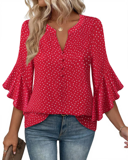Bebonnie Womens Tops Dressy Casual Ruffle 3/4 Sleeve Henley V Neck Chiffon Blouses with Buttons