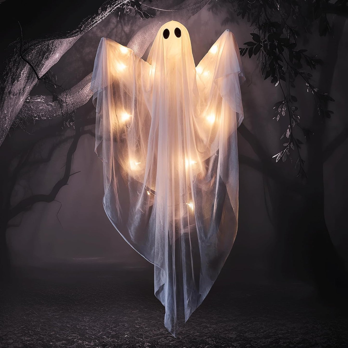 JOYIN Halloween Hanging Light up Ghost with Spooky Warm White LED Light, 47” Halloween Hanging Decoration White Ghosts for Front Yard Patio Lawn Garden Party Decor Indoor Outdoor