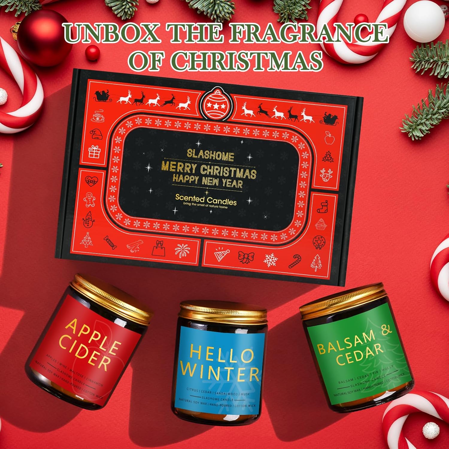Christmas & Winter Candle Gift Set, 6 Pack 7oz Soy Scented Candles for Home, Holiday & Birthday Gift for Women & Men, Balsam Cedar, Christmas Cookies & Spices, Apple Cider, Hot Cocoa & Hello Winter
