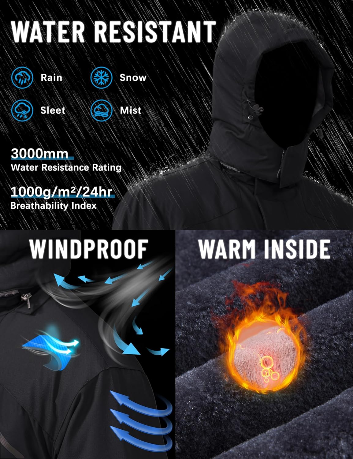 TACVASEN Men's Winter Skiing Jackets Water Resistant Fleece Coats Insulated Thermal Snowboard Jacket Parka Raincoat with Hood