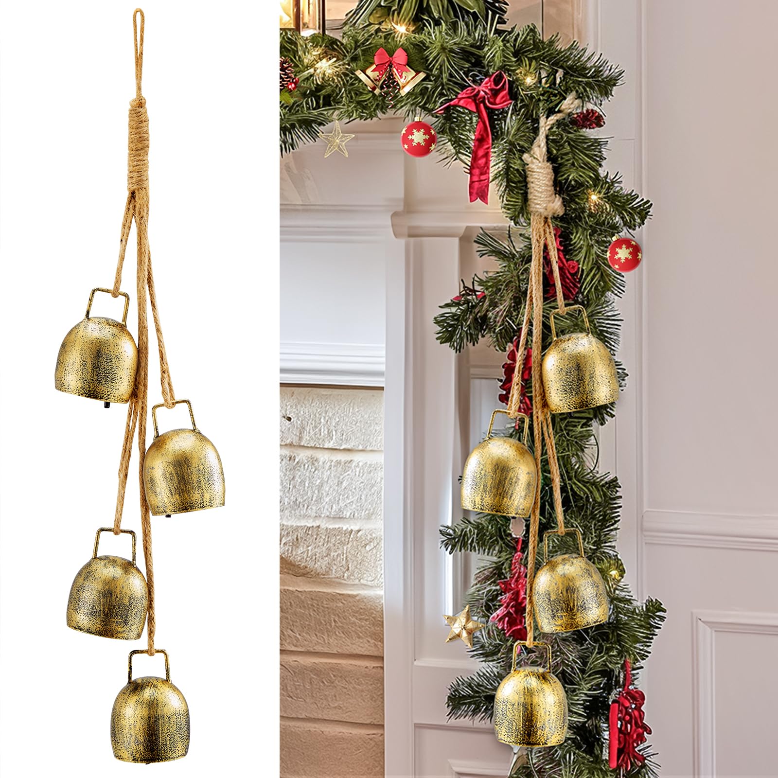 Minetom Set of 3 Christmas Bells, Decoraitve Brass Bells with Jute Hanging Rope for Christmas Decor Wreath Garland Tree Doors Windows Rustic Home Decor, Vintage Iron Bells