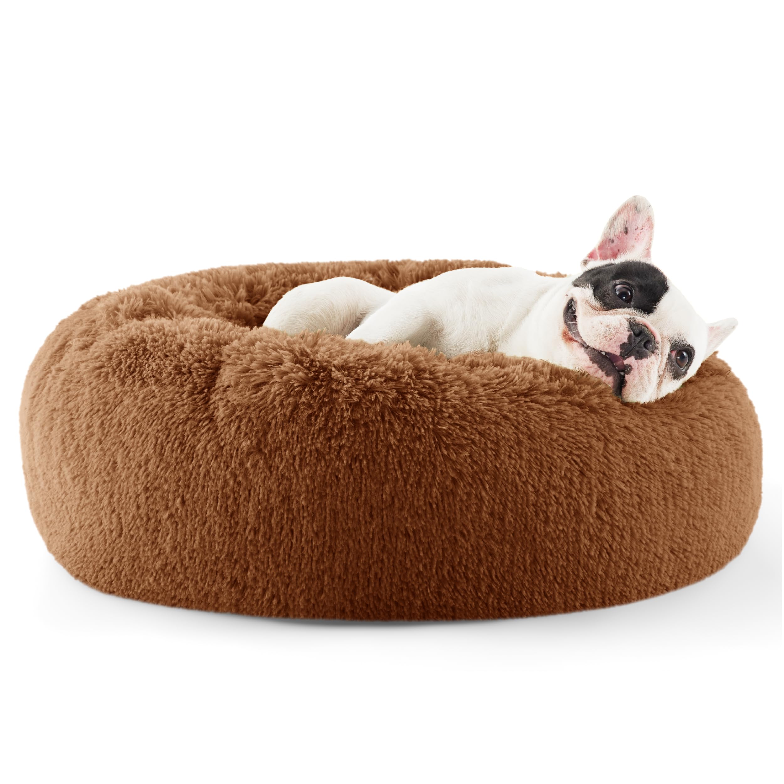 Bedsure Calming Dog Bed for Small Dogs - Donut Washable Small Pet Bed, 23 inches Anti-Slip Round Fluffy Plush Faux Fur Large Cat Bed, Fits up to 25 lbs Pets, Camel