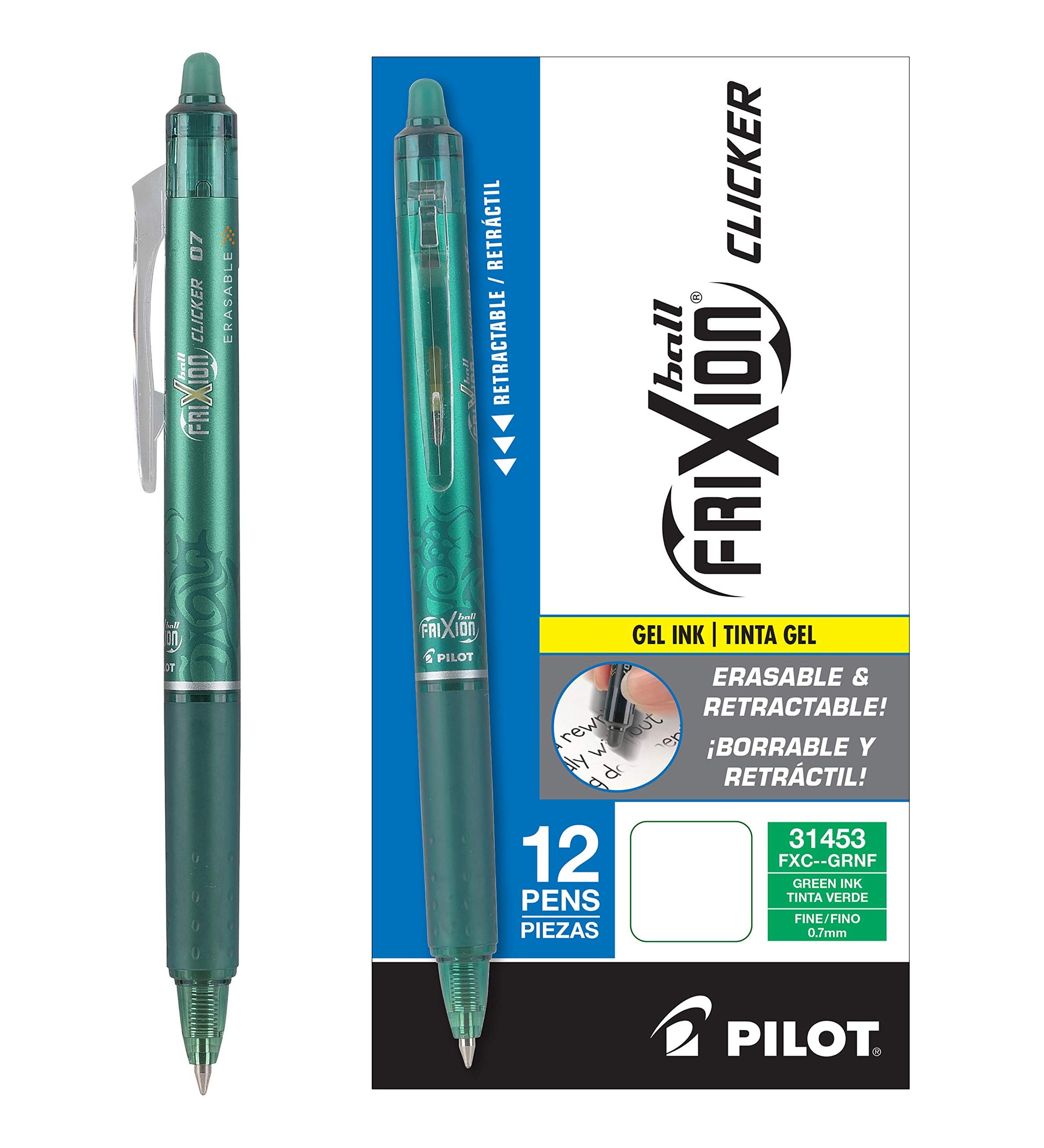 Pilot, FriXion Clicker Erasable Gel Pens, Fine Point. 0.7 mm, Pack of 12, Red