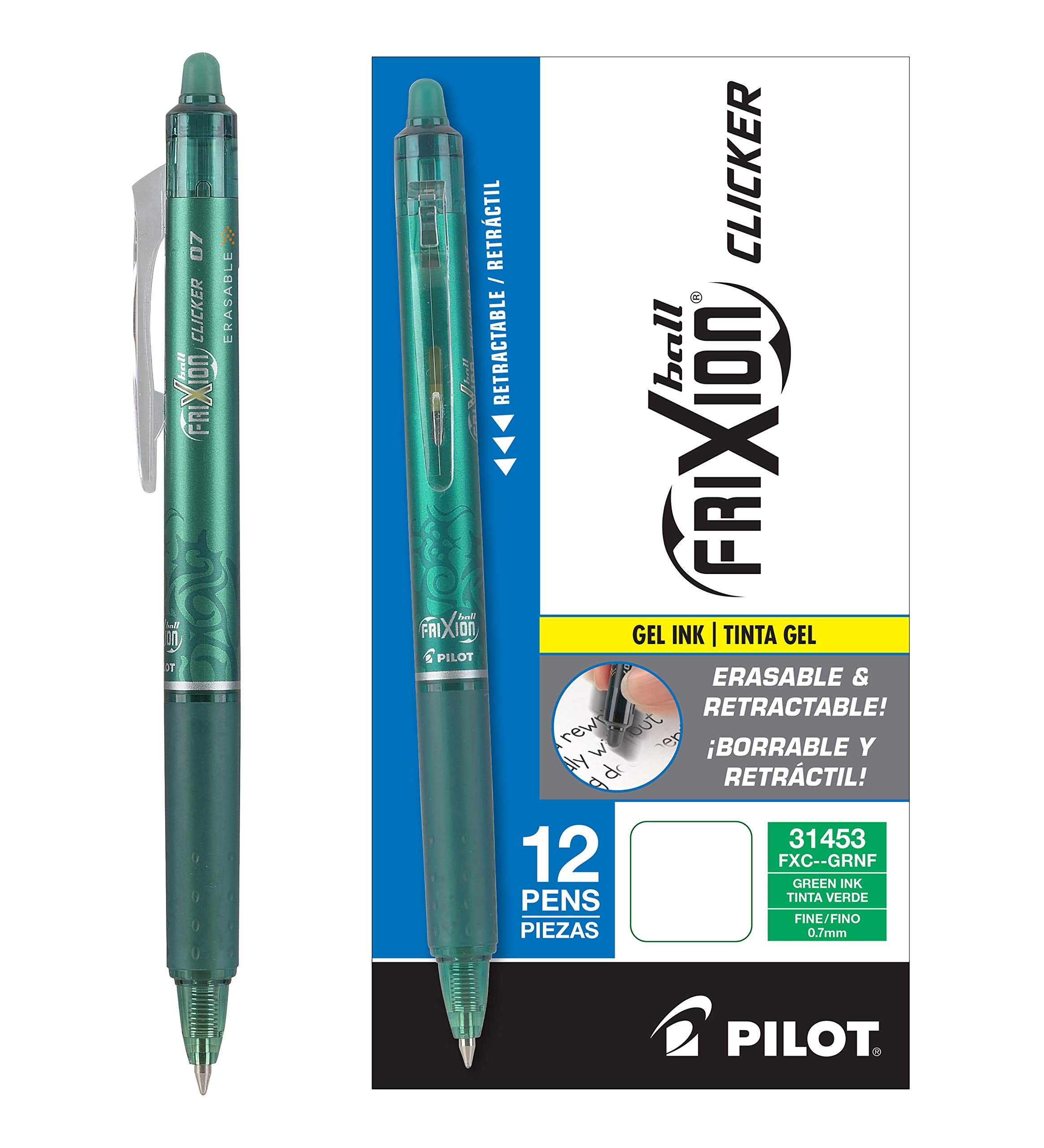 Pilot, FriXion Clicker Erasable Gel Pens, Fine Point. 0.7 mm, Pack of 12, Red