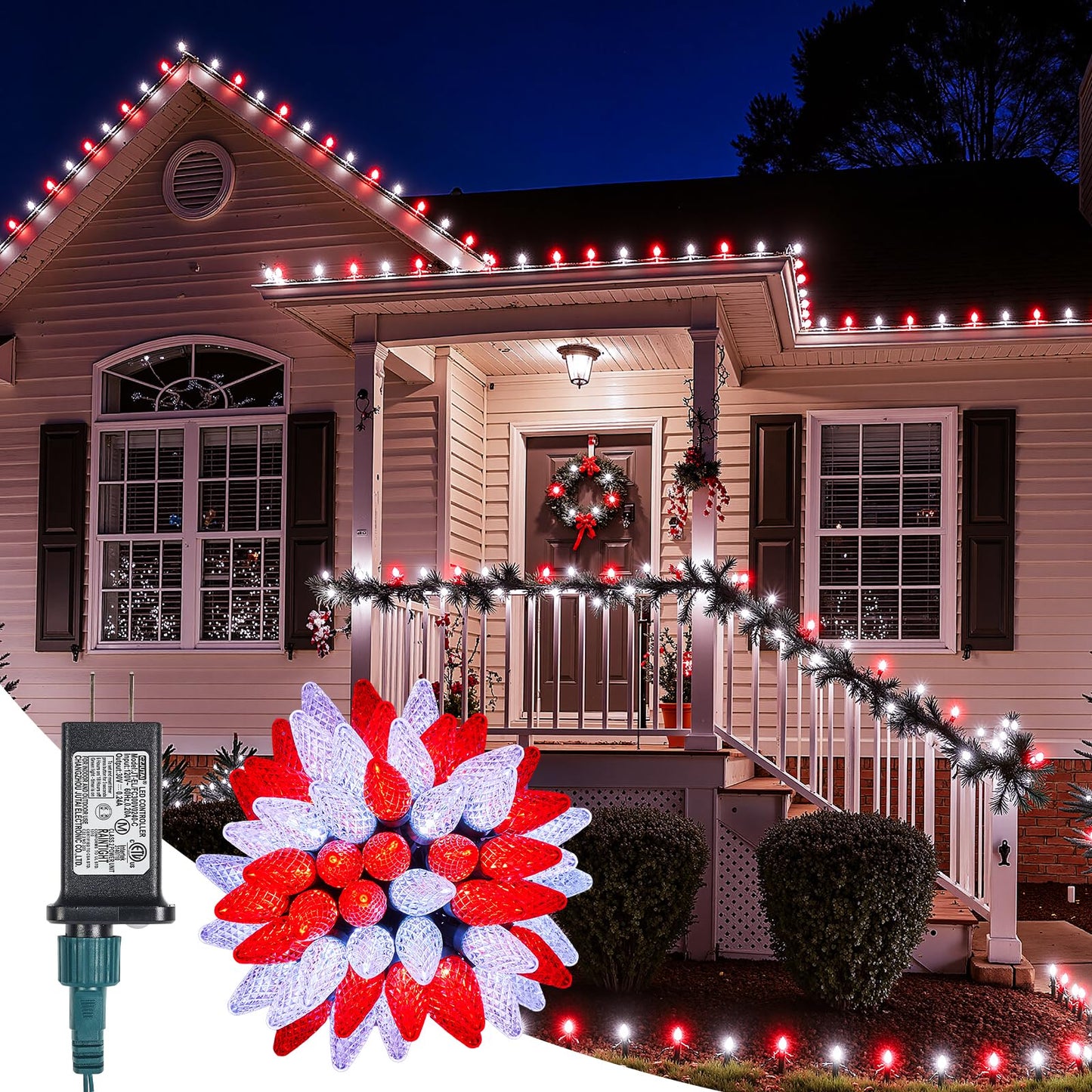 C9-Christmas-Lights-Outdoor,85FT 110LED String Lights with 8 Lighting Mode,Waterproof Connectable UL Certified Warm White C9-Led-Christmas-Light-Decorations for House Yard Patio Roof Garden Decor