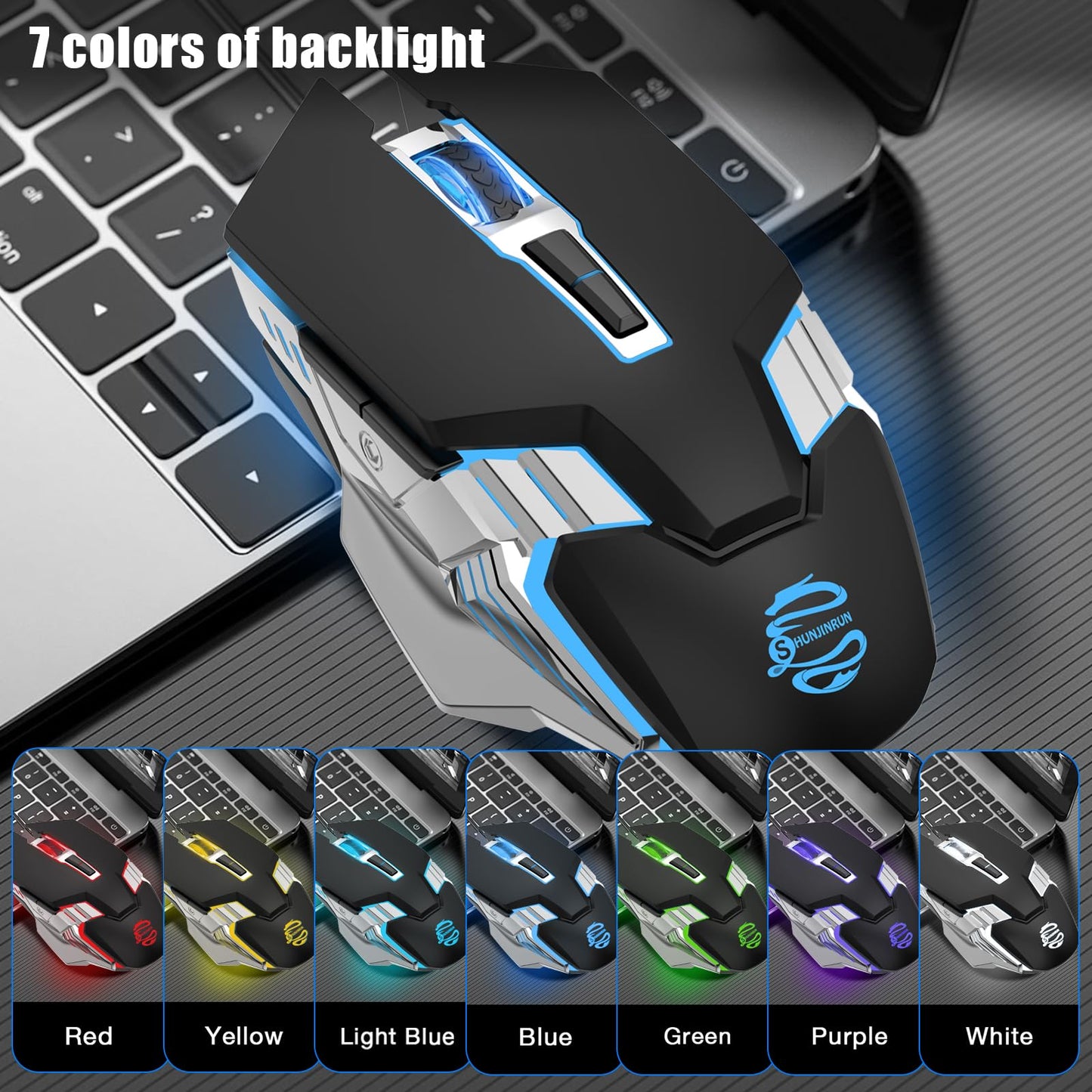 Bluetooth Gaming Mouse, RGB Rechargeable USB Wireless Mouse, Quiet Click, LED Backlit, Ergonomic, with Side Button, 6 Button, DPI Adjustable, Computer Mice for Laptop PC MacBook Chromebook - Grey