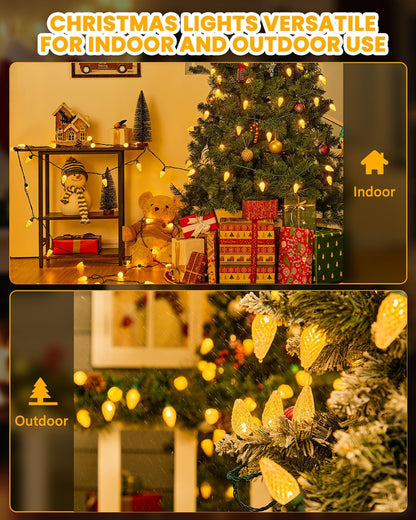 C9-Christmas-Lights-Outdoor,85FT 110LED String Lights with 8 Lighting Mode,Waterproof Connectable UL Certified Warm White C9-Led-Christmas-Light-Decorations for House Yard Patio Roof Garden Decor