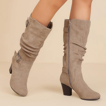 Women's Slouchy Knee High Boots with Chunky Heel, Pointed Toe, Comfortable and Fashionable Fall Winter Boots for Women.