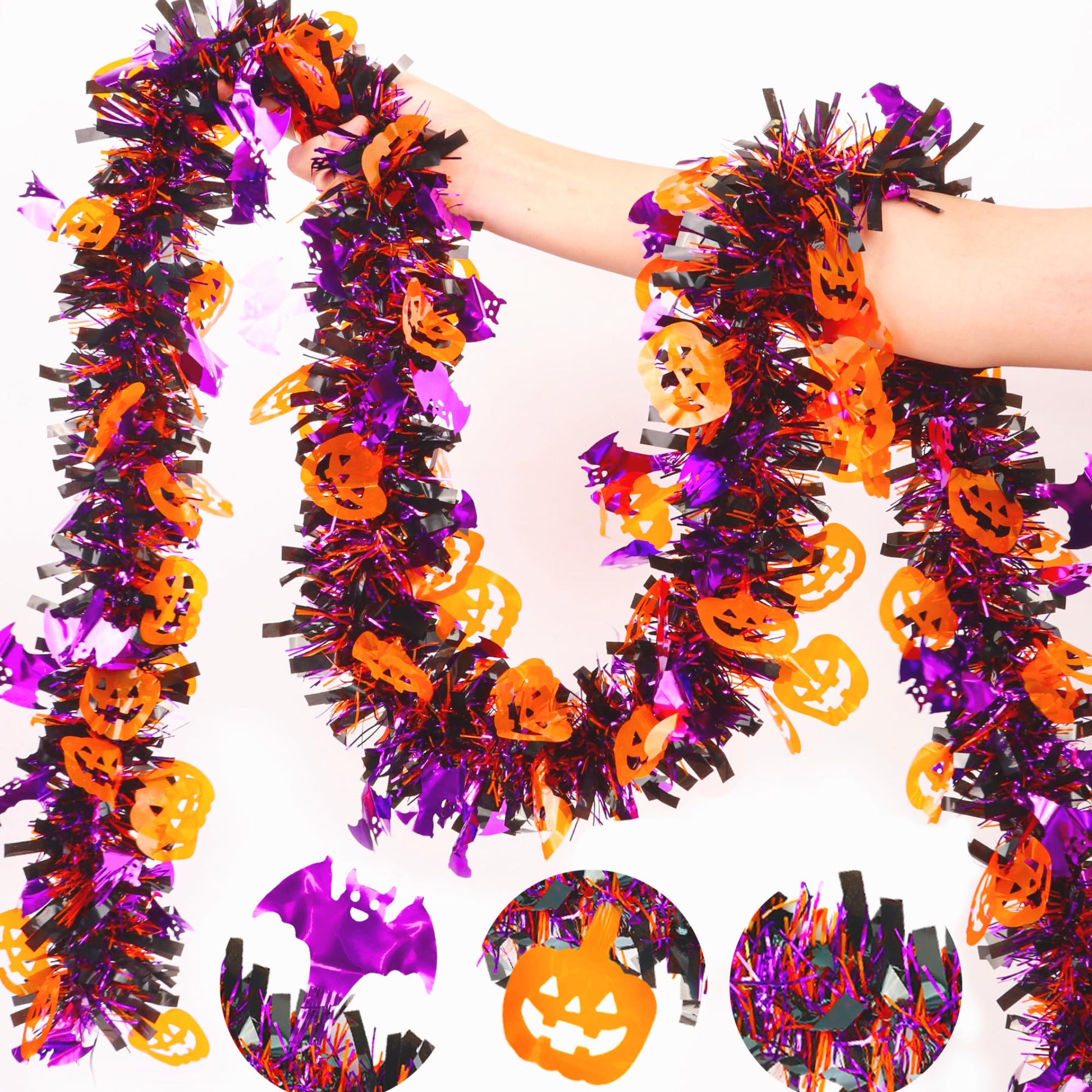 33FT Spooky Halloween Tinsel Garland with Pumpkin Bat Spider Ornament, Shiny Metallic Twist Garland Outdoor Indoor Halloween Decorations for Home Table Office Classroom Fireplace Party Decor