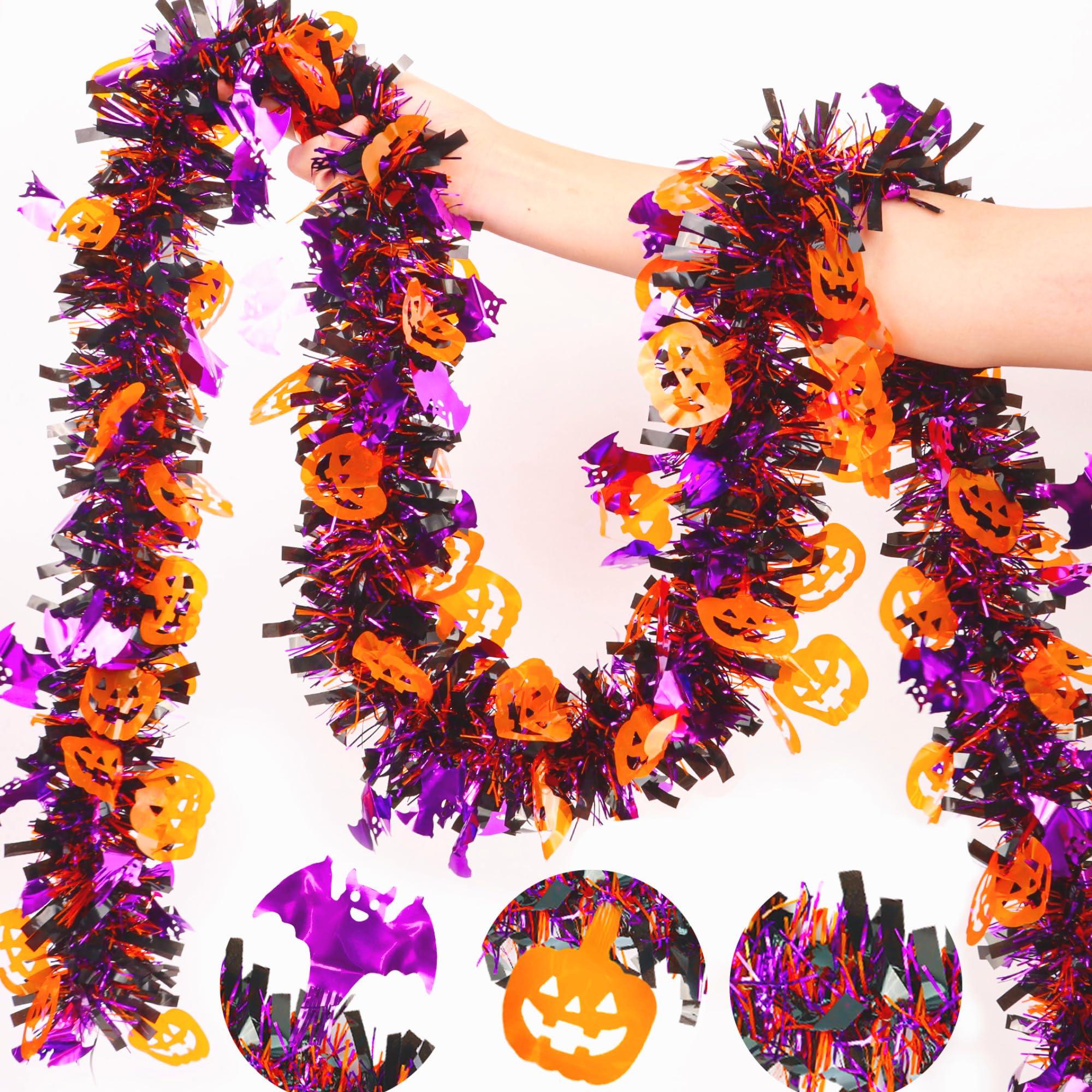 33FT Spooky Halloween Tinsel Garland with Pumpkin Bat Spider Ornament, Shiny Metallic Twist Garland Outdoor Indoor Halloween Decorations for Home Table Office Classroom Fireplace Party Decor