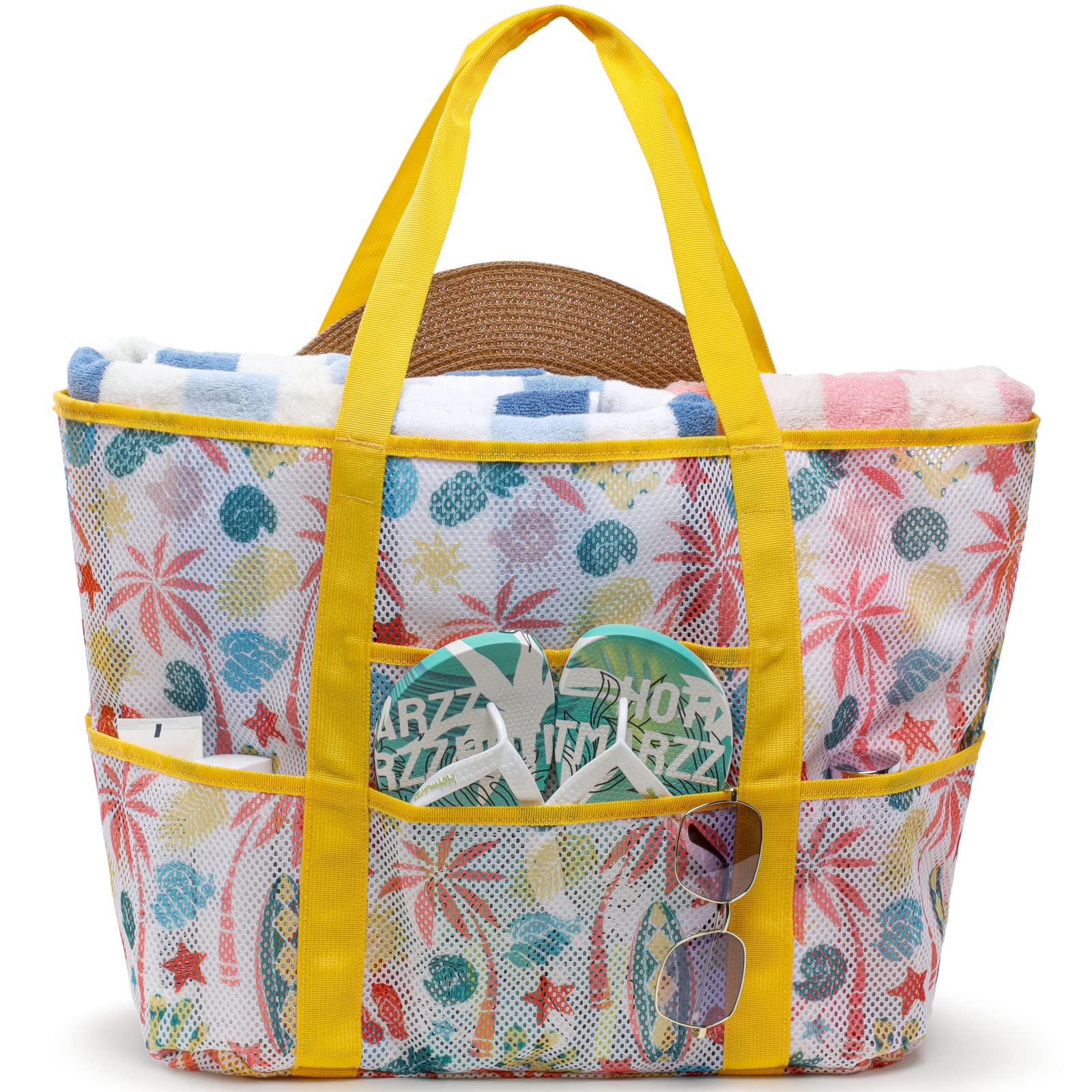 F-color Mesh Beach Bag Family - 9 Pockets Large Beach Tote for Cruise Vacation Essentials