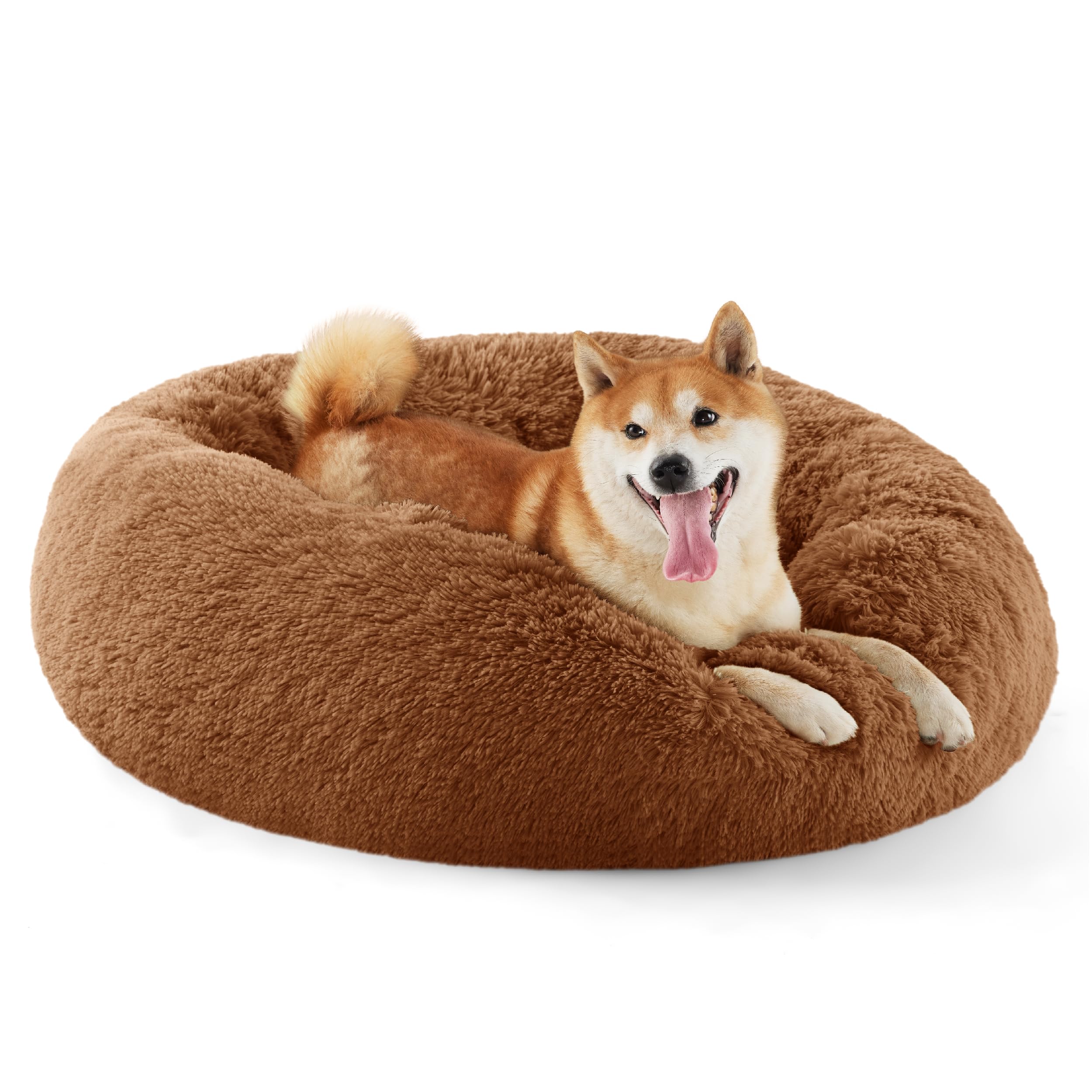 Bedsure Calming Dog Bed for Small Dogs - Donut Washable Small Pet Bed, 23 inches Anti-Slip Round Fluffy Plush Faux Fur Large Cat Bed, Fits up to 25 lbs Pets, Camel