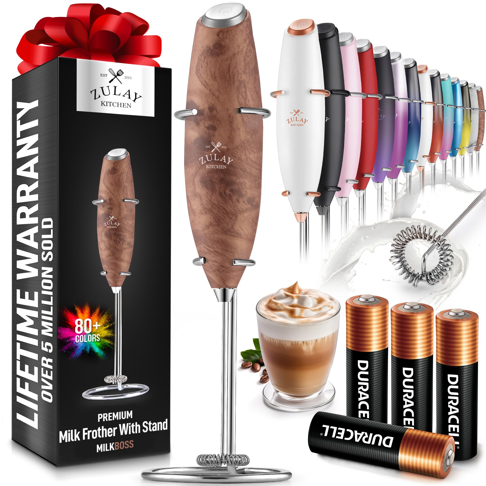 Zulay Kitchen Powerful Milk Frother Wand With 2 Duracell Batteries - Ultra Fast Handheld Drink Mixer - Electric Whisk Foam Maker for Coffee, Lattes, Cappuccino, Matcha, Hot Chocolate & Creamer - Black