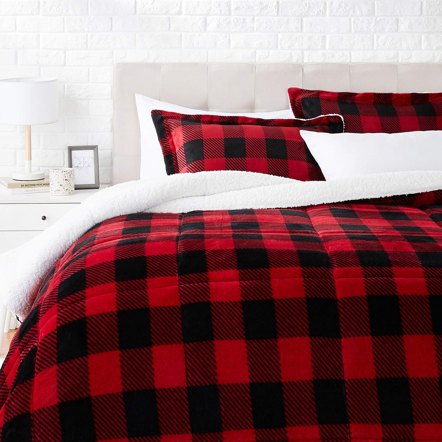 Amazon Basics 3 Piece Bedding Set, Micromink Sherpa, Ultra-Soft, Warm All Season Comforter, Full/Queen, Red Buffalo Plaid