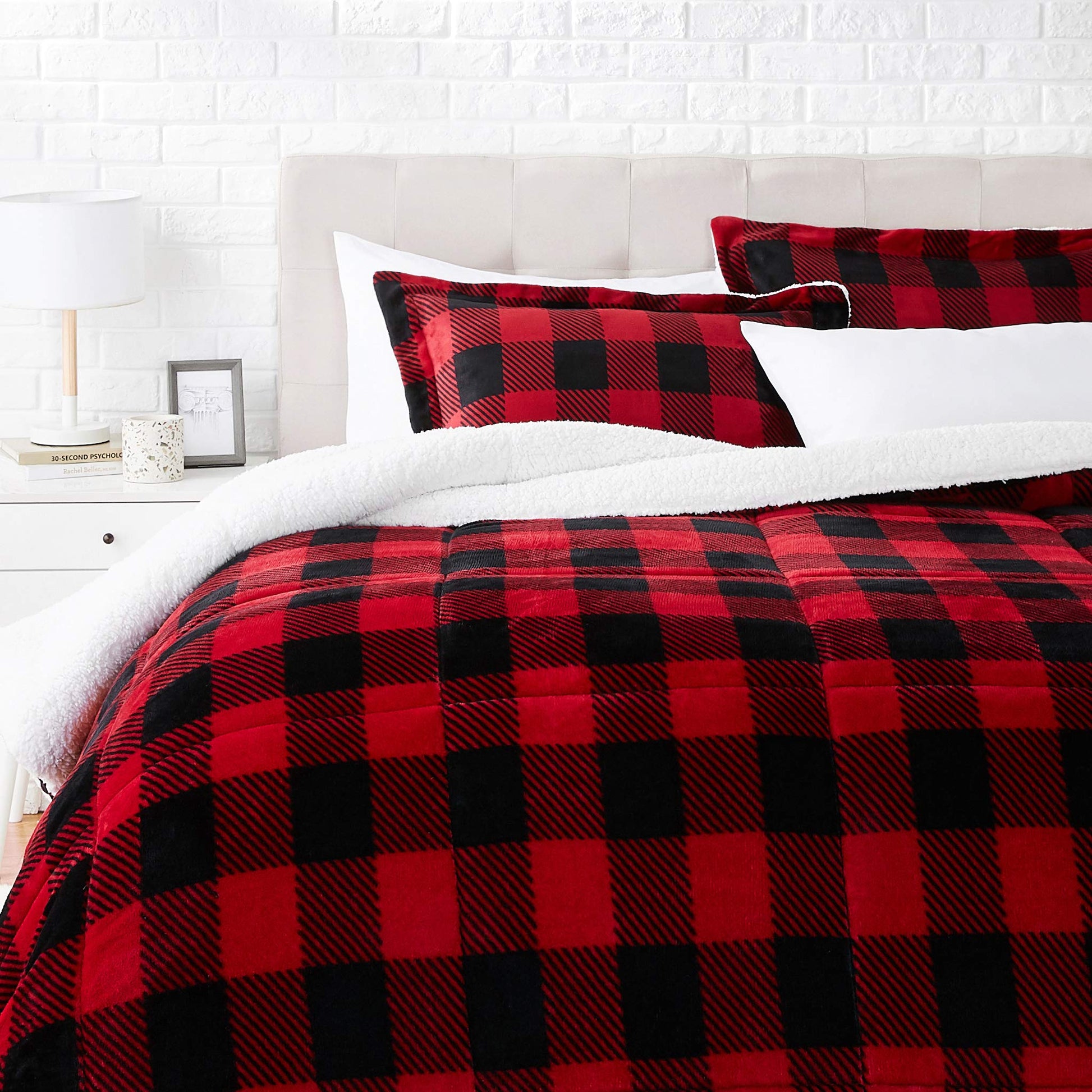 Amazon Basics 3 Piece Bedding Set, Micromink Sherpa, Ultra-Soft, Warm All Season Comforter, Full/Queen, Red Buffalo Plaid