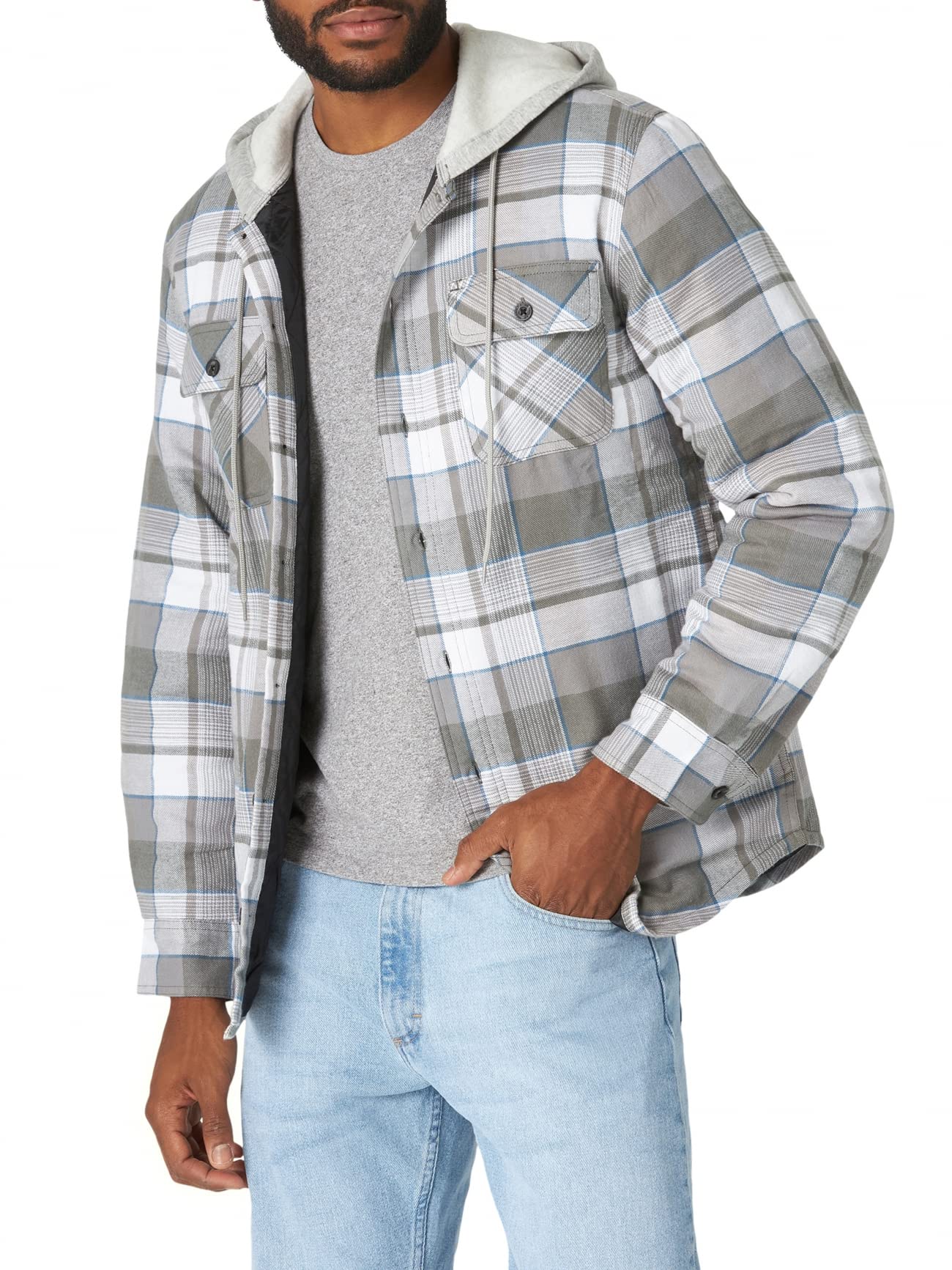 Wrangler Authentics Men's Long Sleeve Quilted Lined Flannel Shirt Jacket with Hood