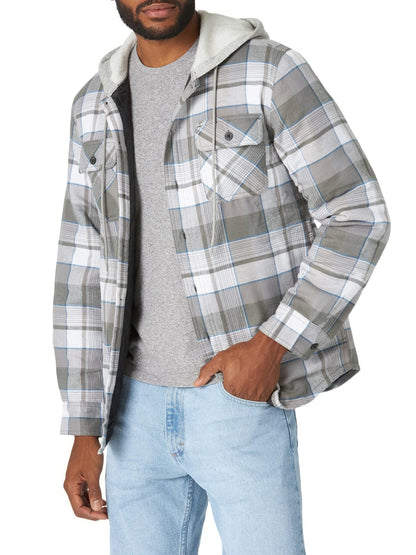 Wrangler Authentics Men's Long Sleeve Quilted Lined Flannel Shirt Jacket with Hood