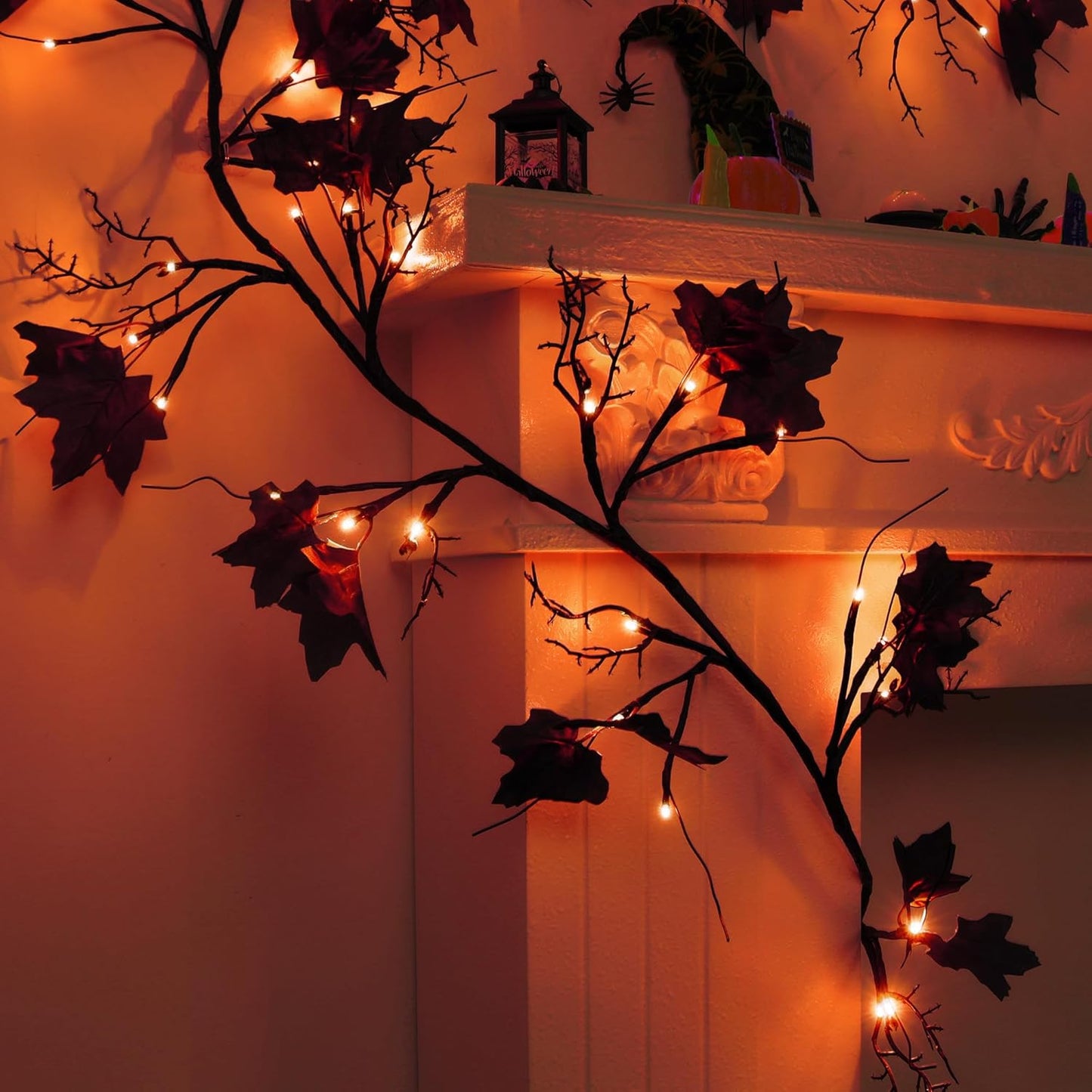9 FT 72 LED Willow Vine Twig Decor Black Halloween Garland with Orange Lights, 8 Modes & Timer Waterproof Battery Operated for Home Fireplace Mantle Wall Office Indoor Halloween Decorations Party