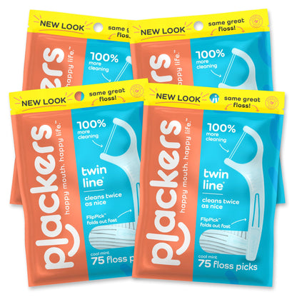 Plackers Twin-Line Dental Flossers, Cool Mint Flavor, Dual Action Flossing System, Easy Storage, Super Tuffloss, 2X The Clean, 75 Count