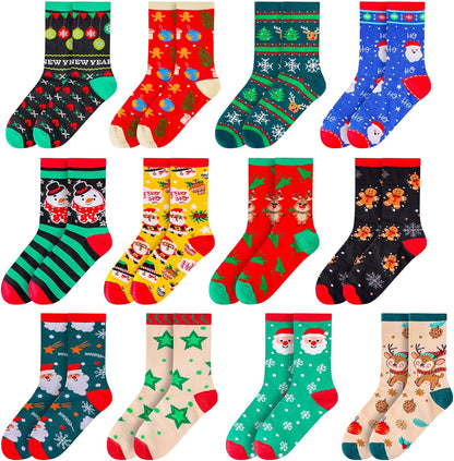 MGparty 12 Pairs Christmas Socks for Women Funny Holiday Crew Socks Cute Novelty Winter Xmas Gift Socks for Stocking Stuffers