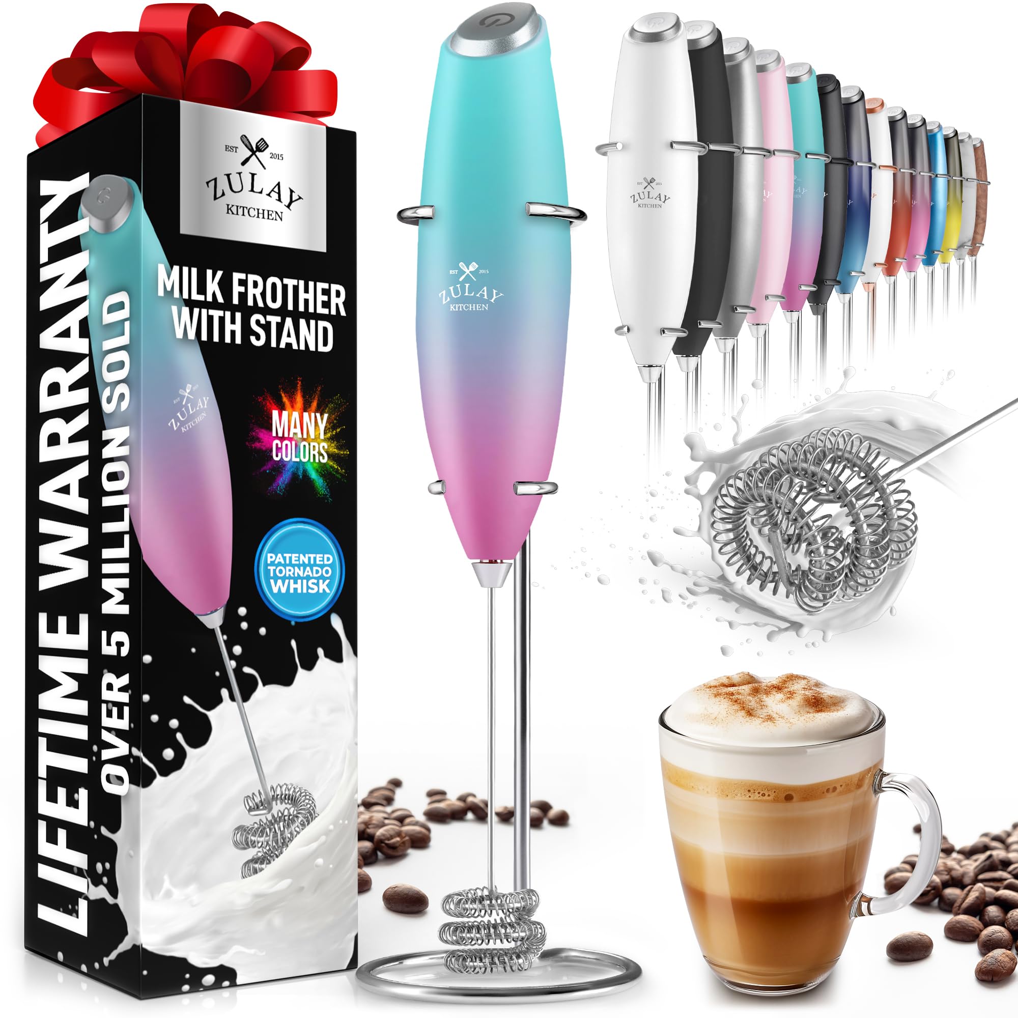Zulay Kitchen Powerful Milk Frother Wand With 2 Duracell Batteries - Ultra Fast Handheld Drink Mixer - Electric Whisk Foam Maker for Coffee, Lattes, Cappuccino, Matcha, Hot Chocolate & Creamer - Black