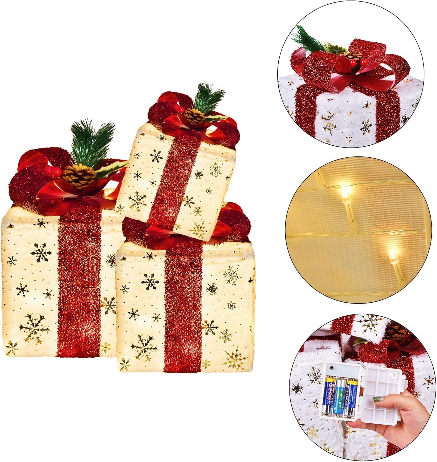 Set of 3 Christmas Lighted Gift Boxes, Pre-lit 60LED Light Up Present Boxes Ornament Outdoor, Boxes with Gold Snowflake, Battery Operated Christmas Decorations for Indoor Home, Party, Lawn Decor