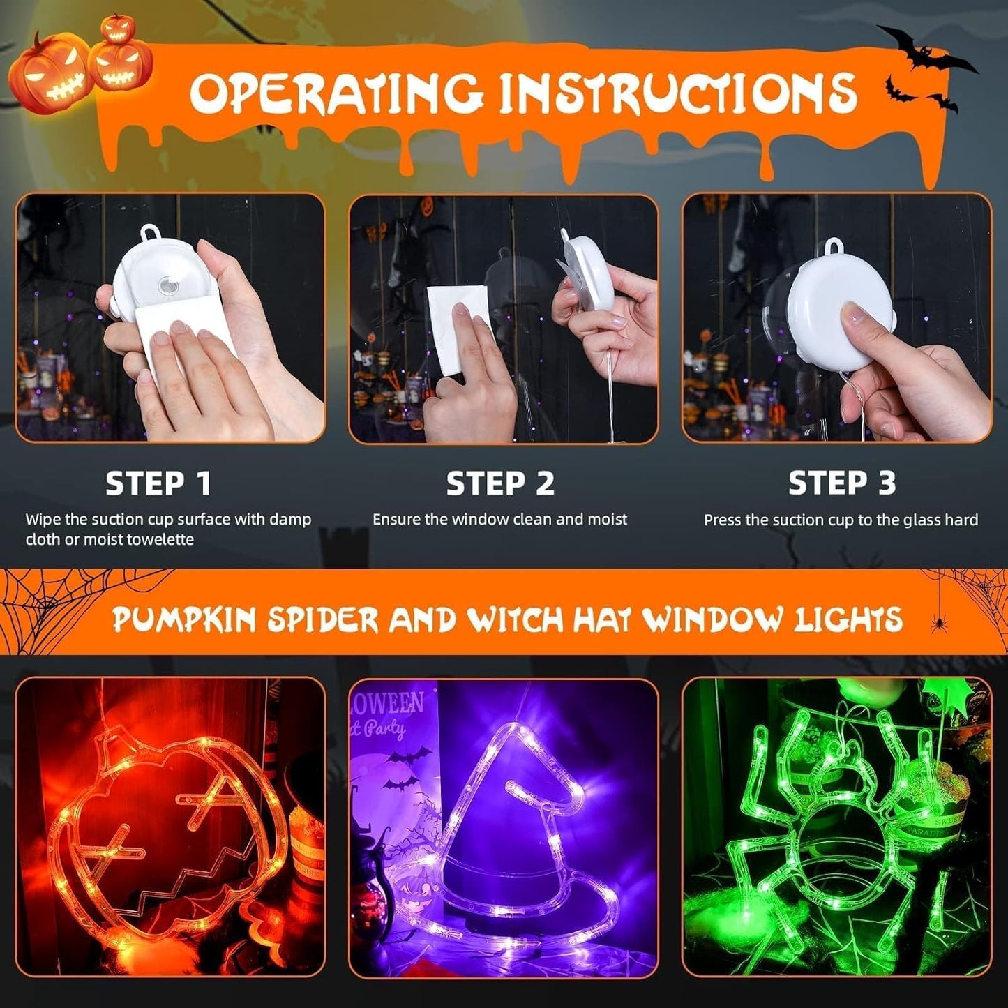 LOLStar Halloween Window Decorations 3 Pack Orange Pumpkin Green Spider Purple Witch Hat Battery Operated Window Lights with Suction Cup Slow Fade Timer Function Halloween Indoor Lights for Windows