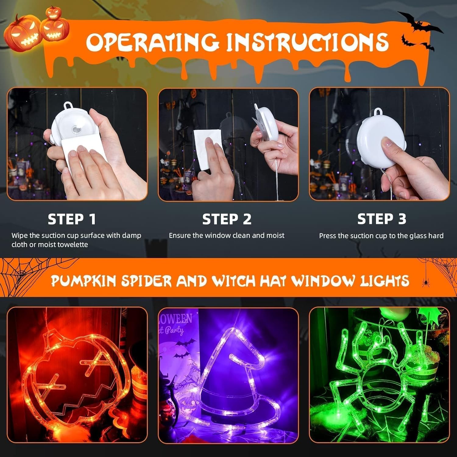 LOLStar Halloween Window Decorations 3 Pack Orange Pumpkin Green Spider Purple Witch Hat Battery Operated Window Lights with Suction Cup Slow Fade Timer Function Halloween Indoor Lights for Windows