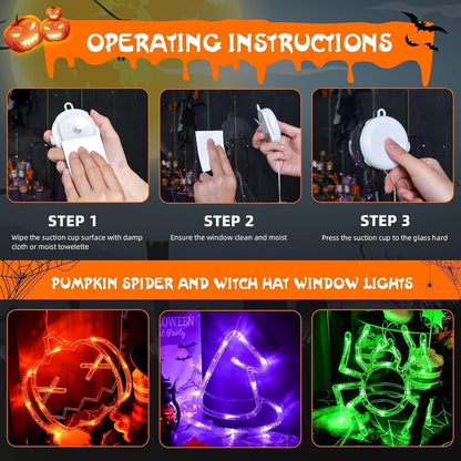 LOLStar Halloween Window Decorations 3 Pack Orange Pumpkin Green Spider Purple Witch Hat Battery Operated Window Lights with Suction Cup Slow Fade Timer Function Halloween Indoor Lights for Windows