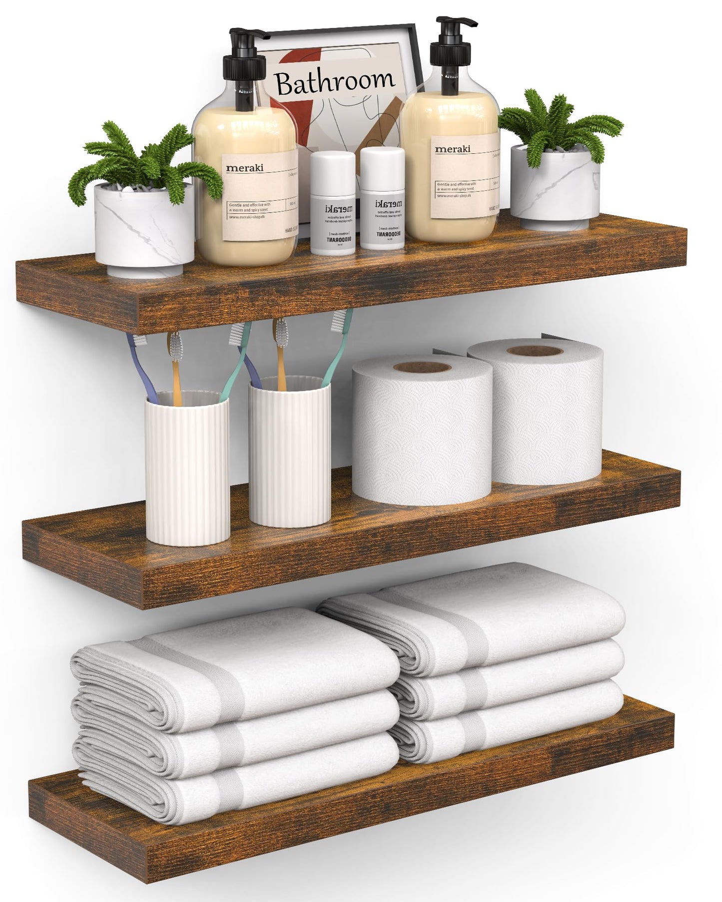 BAYKA Floating Shelves for Wall, Wall Mounted Rustic Wood Shelves for Bathroom, Bedroom, Living Room, Kitchen, Hanging Shelf for Books/Storage/Room Decor with 22lbs Capacity (Black, Set of 3, 15.7in)