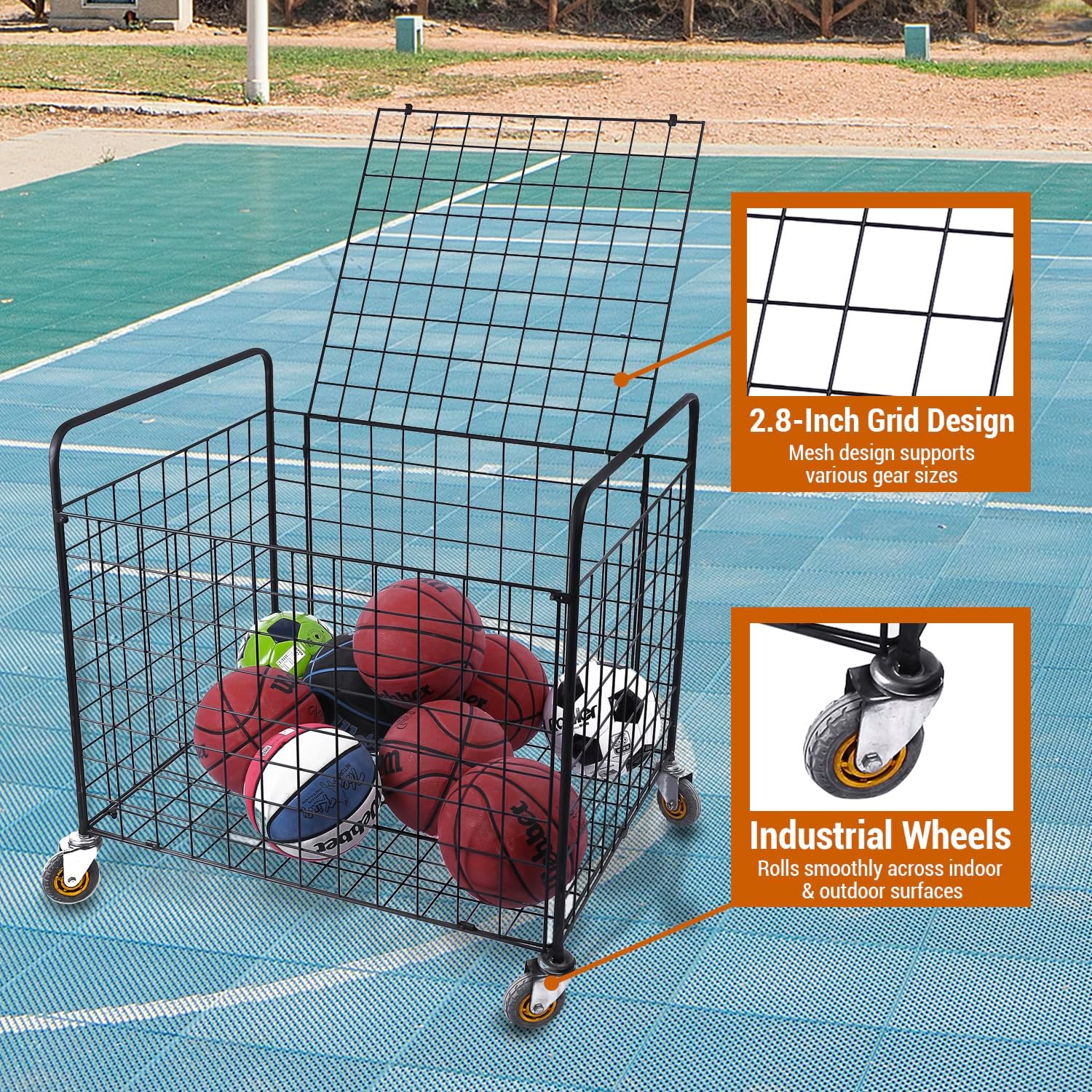 MyGift Professional Gym Metal Multi Sports Ball Storage Cart with Jumbo Industrial Wheels, Commercial Grade Portable Equipment Locker Cage for Basketball, Football, Soccer, Volleyball