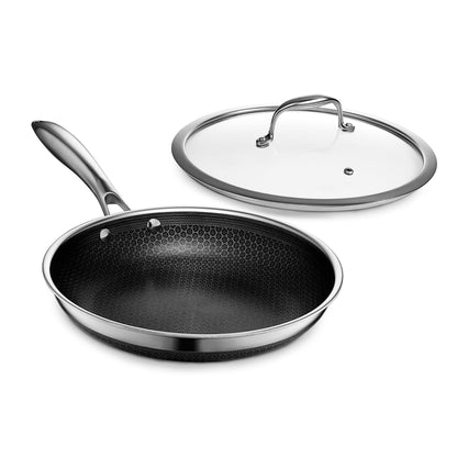 HexClad Hybrid Nonstick 8-Inch Frying Pan with Tempered Glass Lid, Stay-Cool Handle, Dishwasher-Friendly, Oven-Safe Up to 900°F, Induction Ready, Compatible with All Cooktops