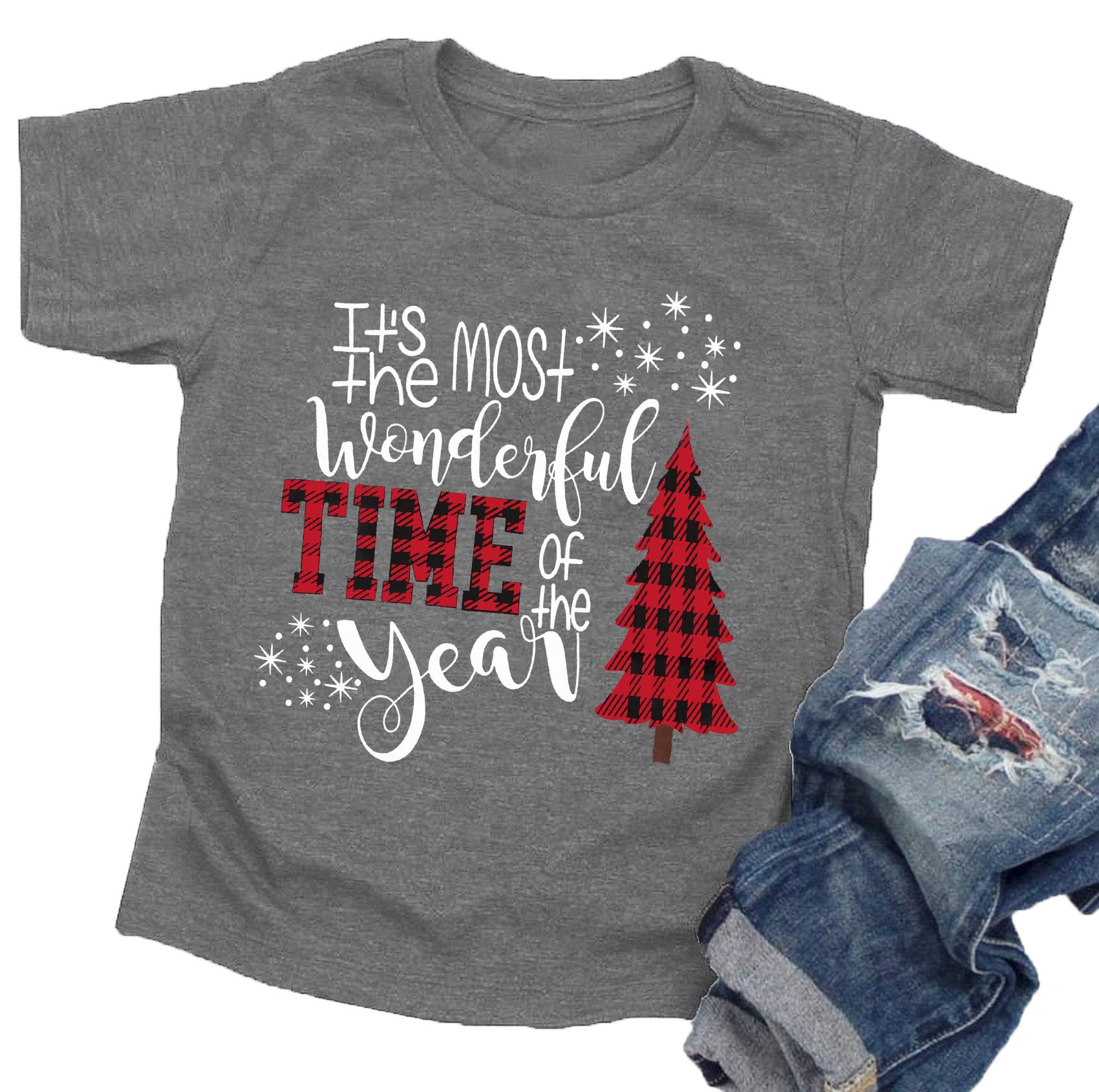 Christmas Shirts Toddler Boys Girls Xmas Buffalo Plaid Trees T-Shirt Christmas Graphic Tees Holiday Tops