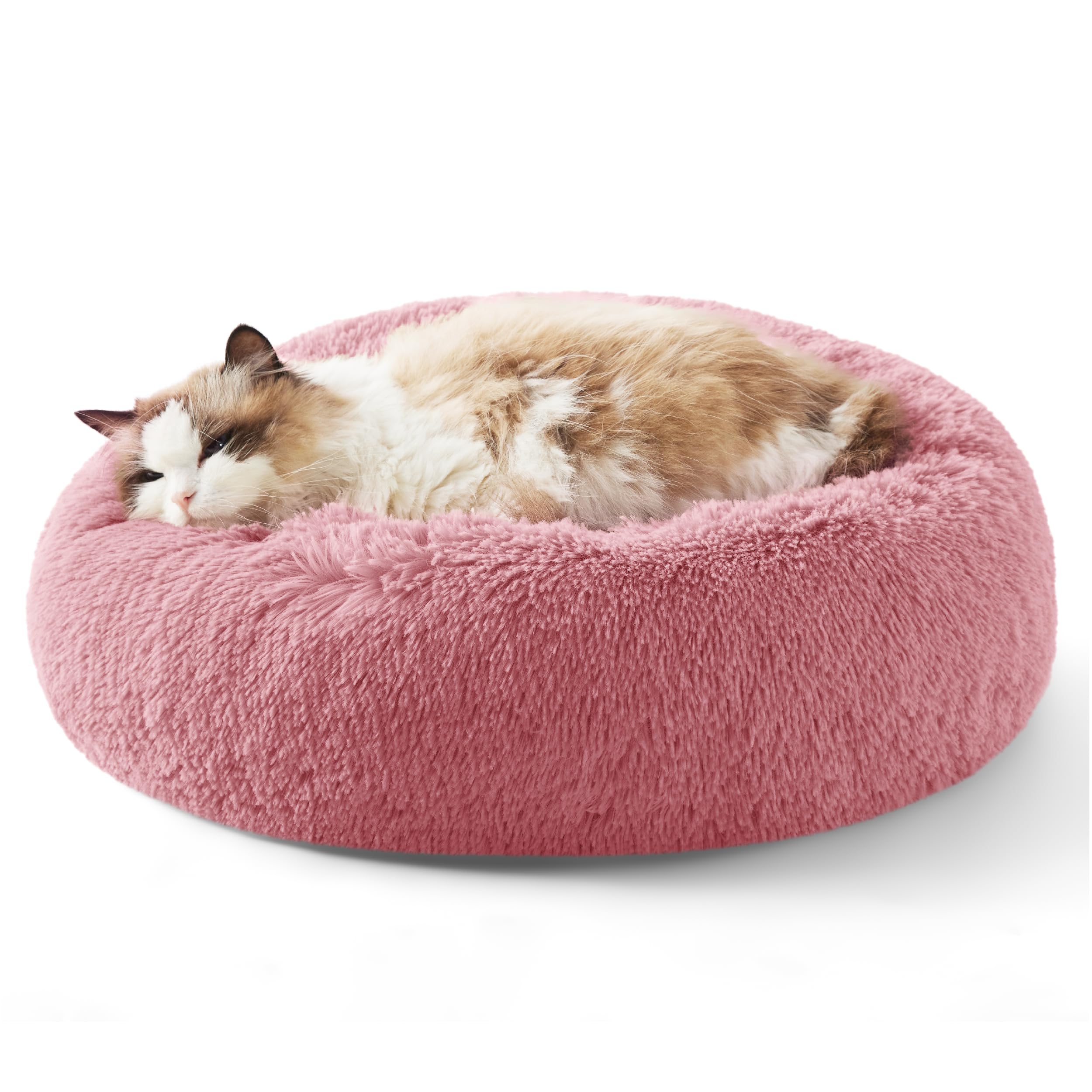 Bedsure Calming Dog Bed for Small Dogs - Donut Washable Small Pet Bed, 23 inches Anti-Slip Round Fluffy Plush Faux Fur Large Cat Bed, Fits up to 25 lbs Pets, Camel