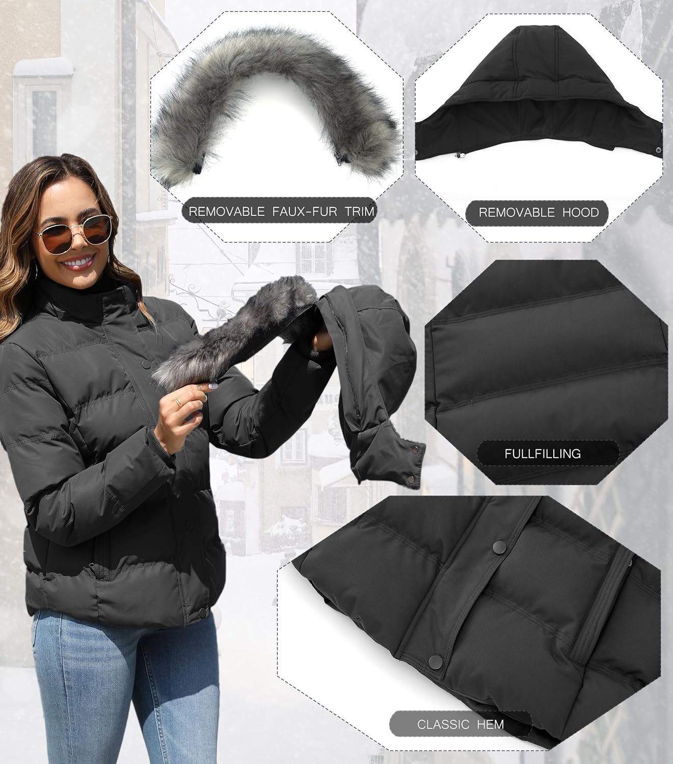 GGleaf Women's Hooded Warm Winter Coat Quilted Thicken Puffer Jacket with Removable Fur Hood