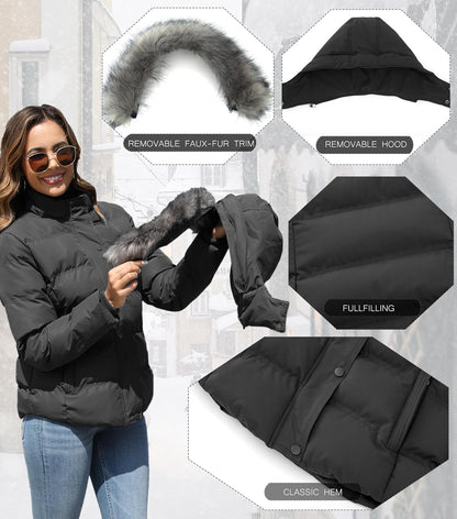 GGleaf Women's Hooded Warm Winter Coat Quilted Thicken Puffer Jacket with Removable Fur Hood
