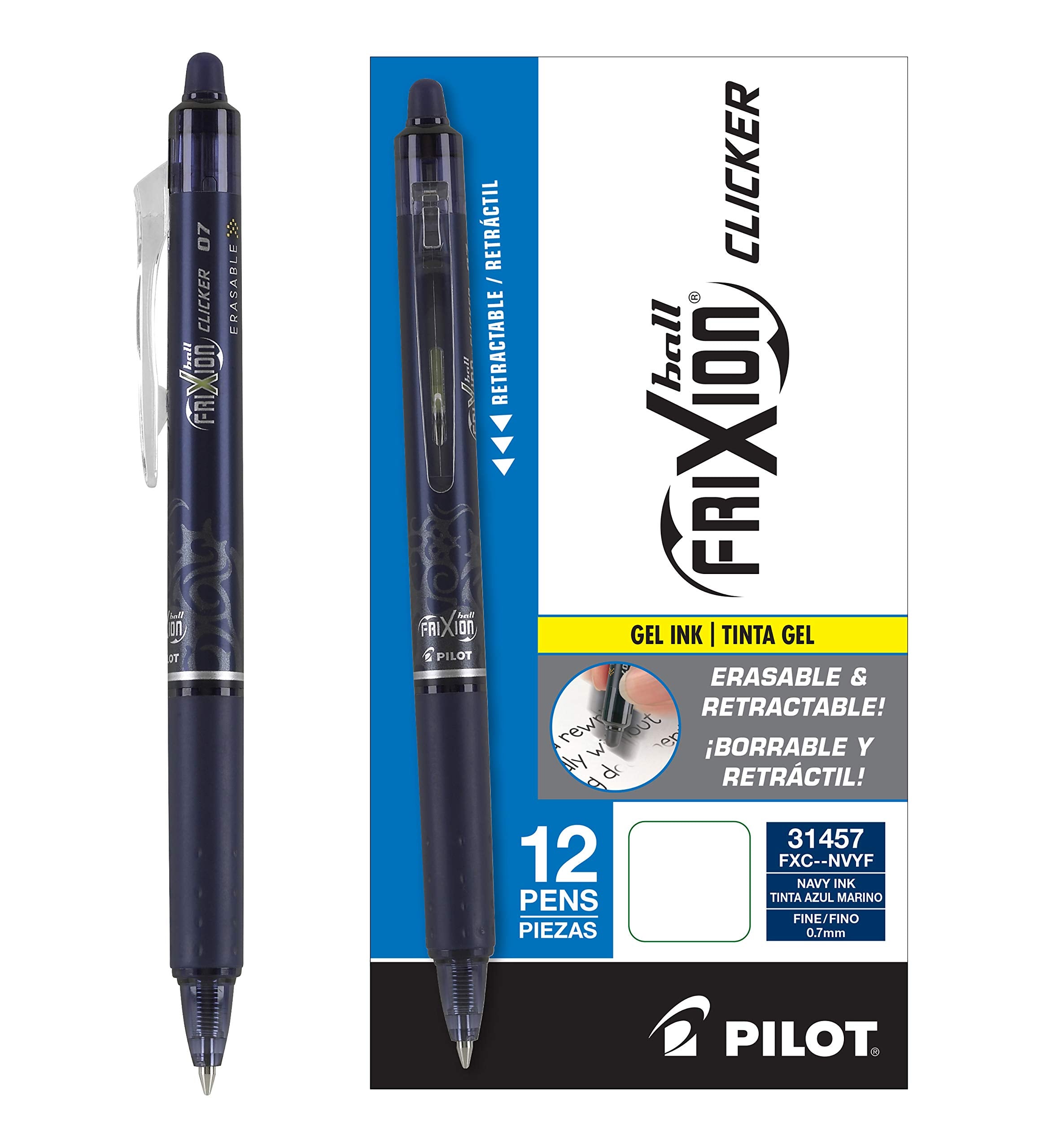 Pilot, FriXion Clicker Erasable Gel Pens, Fine Point. 0.7 mm, Pack of 12, Red