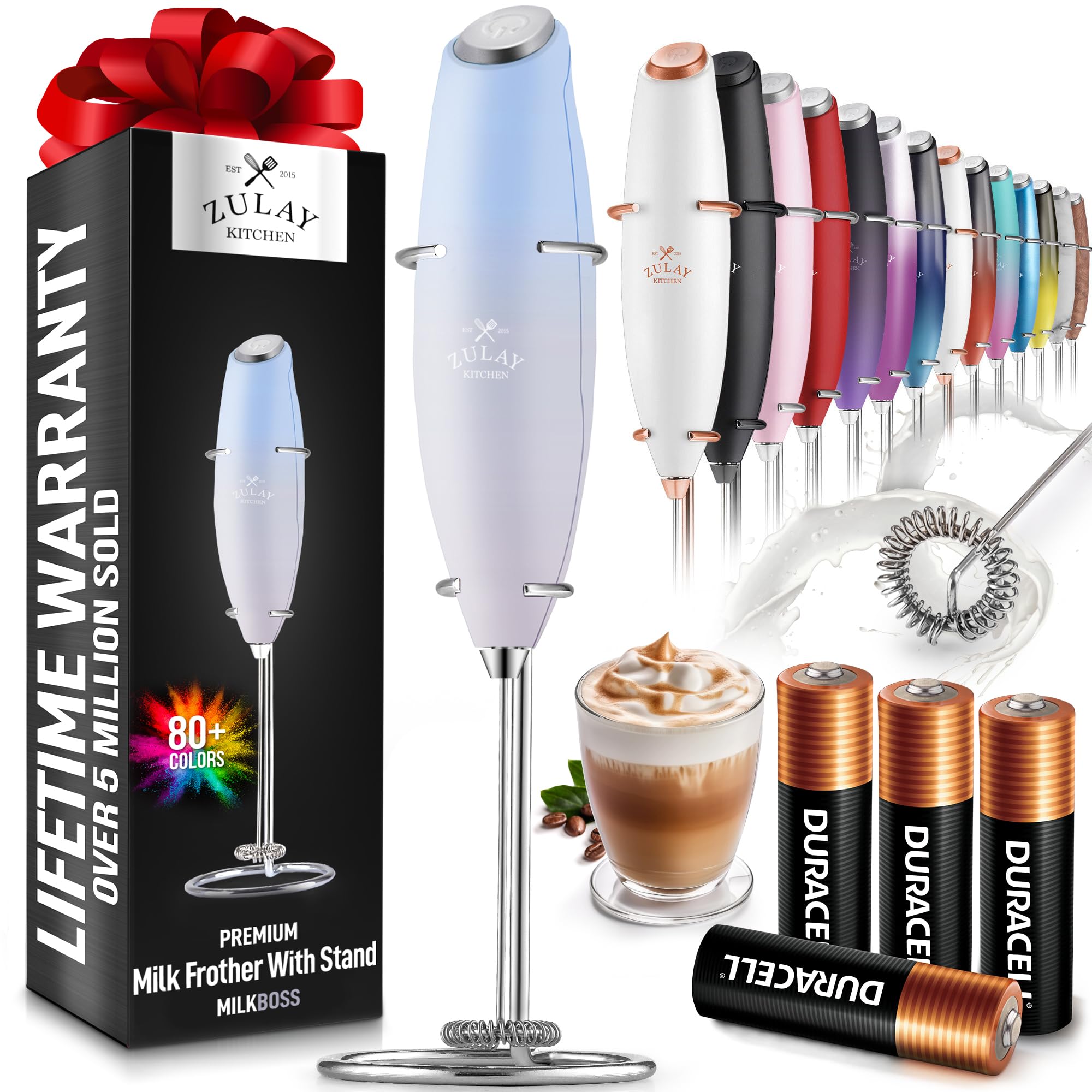 Zulay Kitchen Powerful Milk Frother Wand With 2 Duracell Batteries - Ultra Fast Handheld Drink Mixer - Electric Whisk Foam Maker for Coffee, Lattes, Cappuccino, Matcha, Hot Chocolate & Creamer - Black