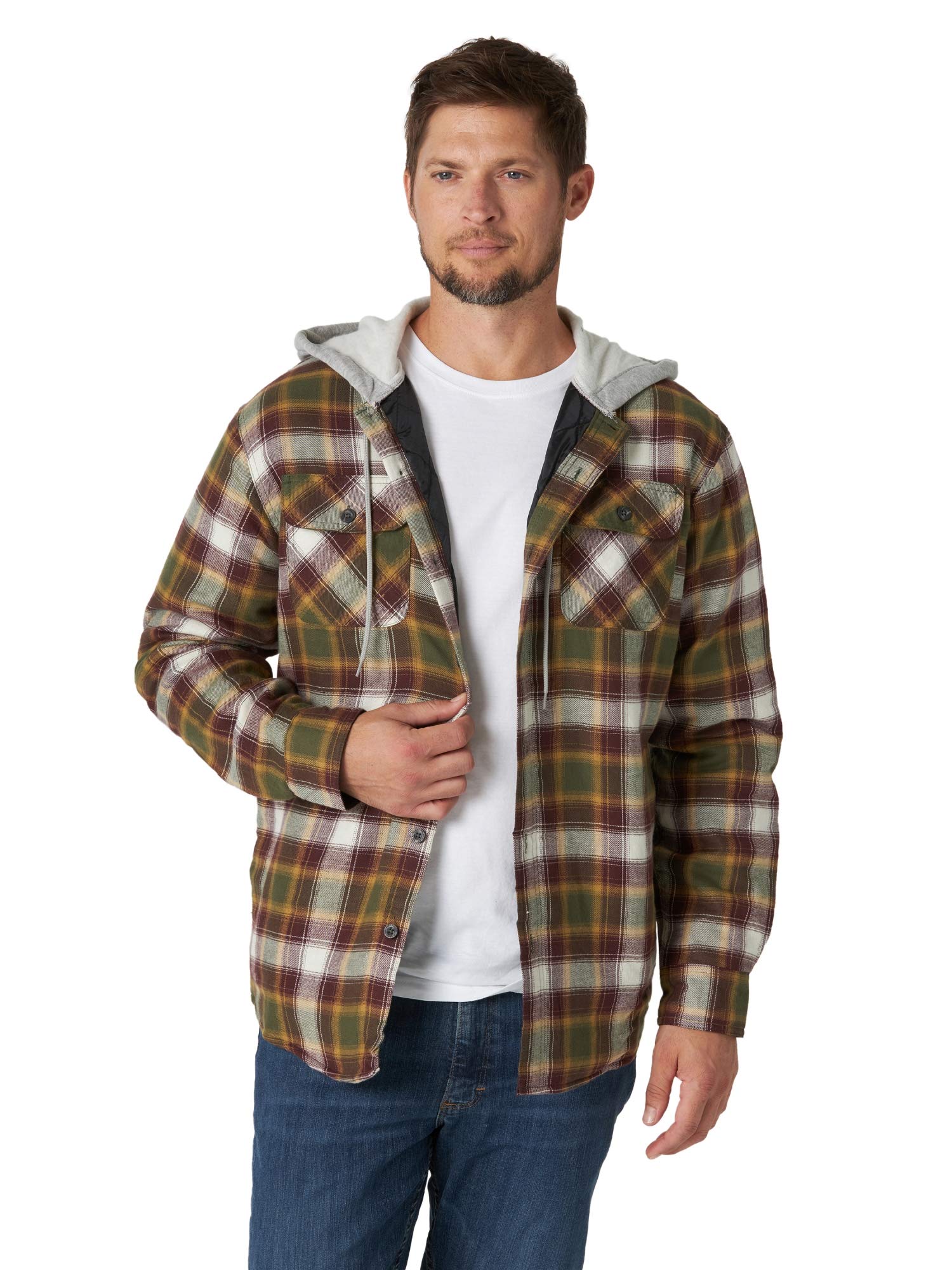 Wrangler Authentics Men's Long Sleeve Quilted Lined Flannel Shirt Jacket with Hood
