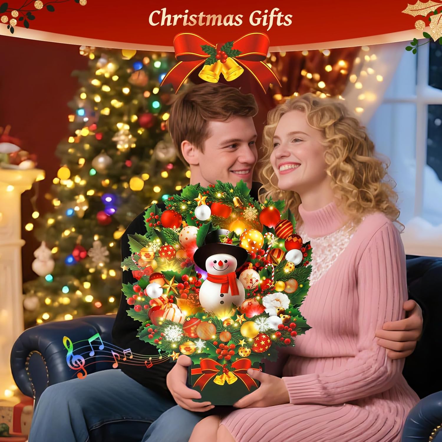 Christmas Cards with Lights and Music, Christmas Bouquet with Snowman, Popup Musical Greeting Card for Holiday New Year