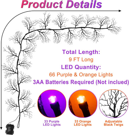 9 FT 66 LED Halloween Black Garland Willow Vine Twig Decor with Orange & Purple Light, 8 Modes & Timer Battery Operated Waterproof Halloween Decorations Indoor for Mantle Fireplace Home Party Decor