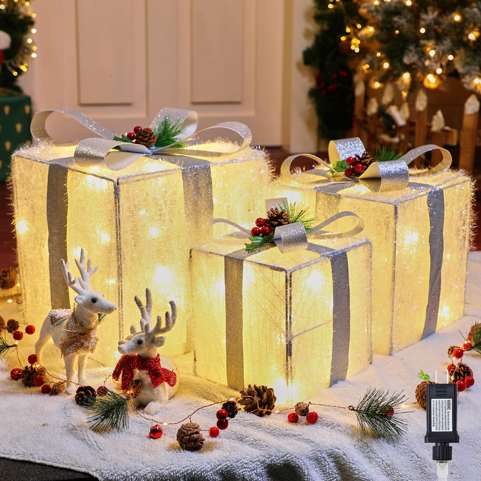 3 Pieces Lighted Gift Boxes Christmas Decorations, 12in 10in 8in with 60 Pre-Strung Mini String Lights, Foldable Light up Present Boxes for Indoor Outdoor Holiday Party Christmas Yard Home Art Decor