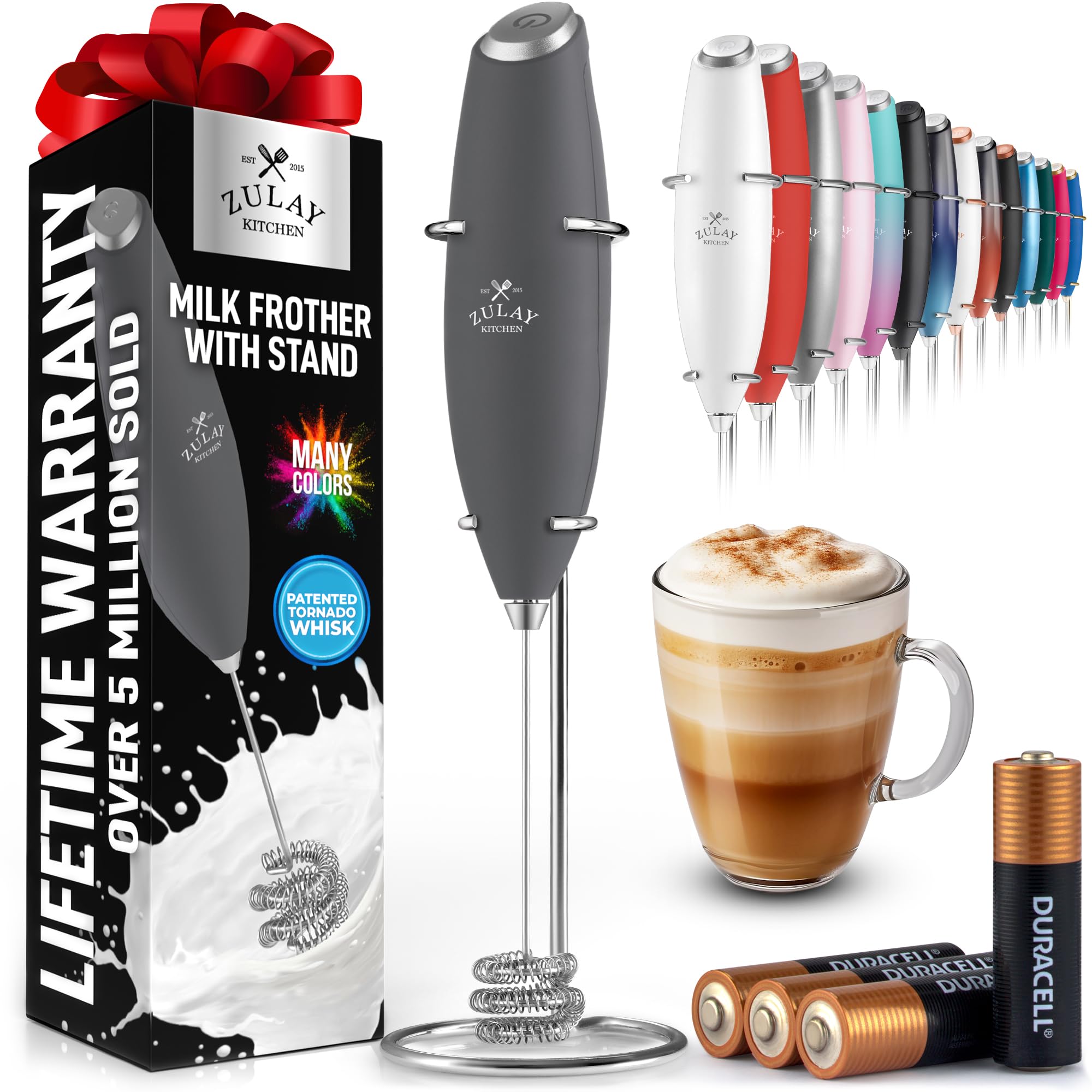 Zulay Kitchen Powerful Milk Frother Wand With 2 Duracell Batteries - Ultra Fast Handheld Drink Mixer - Electric Whisk Foam Maker for Coffee, Lattes, Cappuccino, Matcha, Hot Chocolate & Creamer - Black