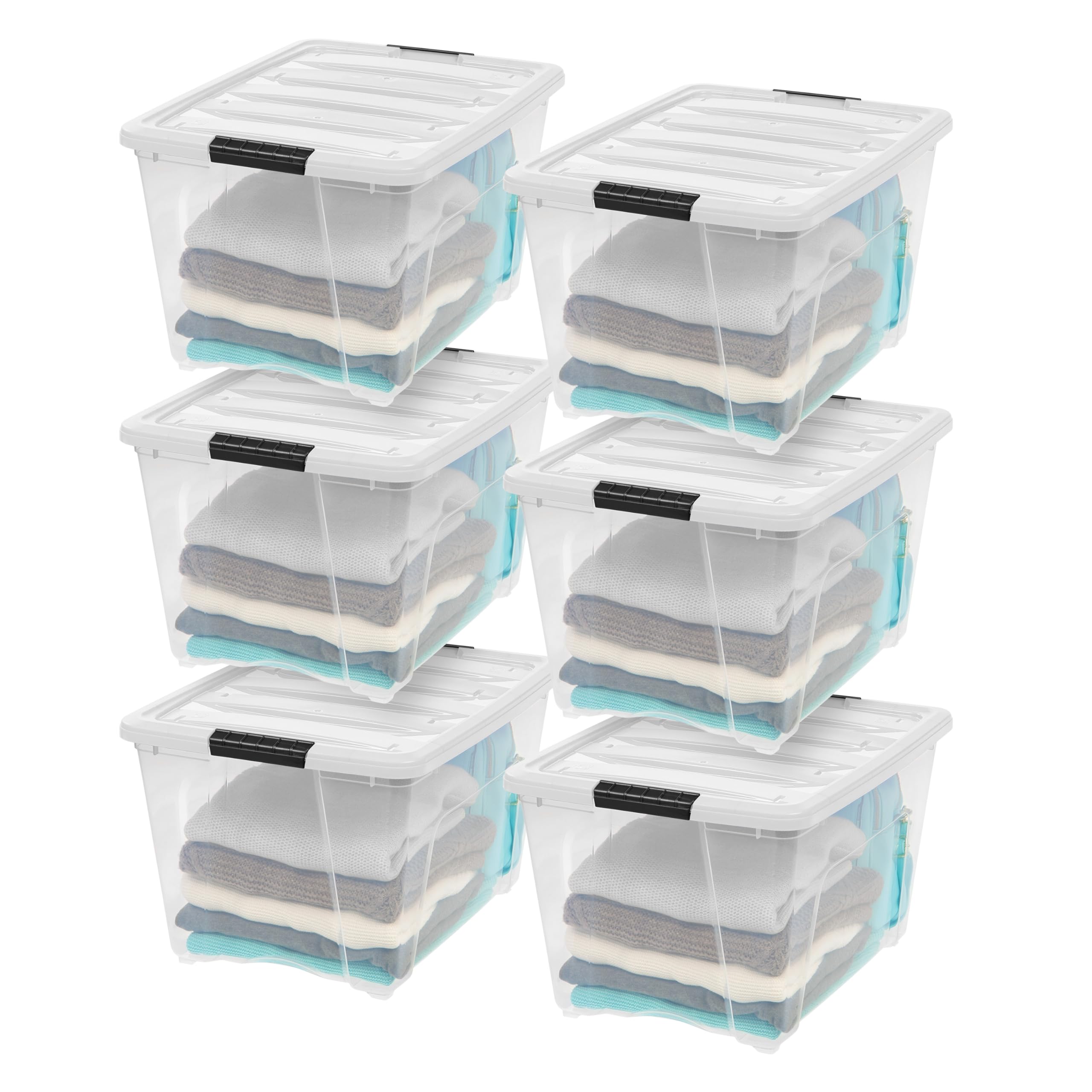 IRIS USA 13 Qt Stackable Plastic Storage Bins with Lids, 6 Pack - BPA-Free, Made in USA - Discreet Organizing Solution, Latches, Durable Nestable Containers, Secure Pull Handle - Pearl
