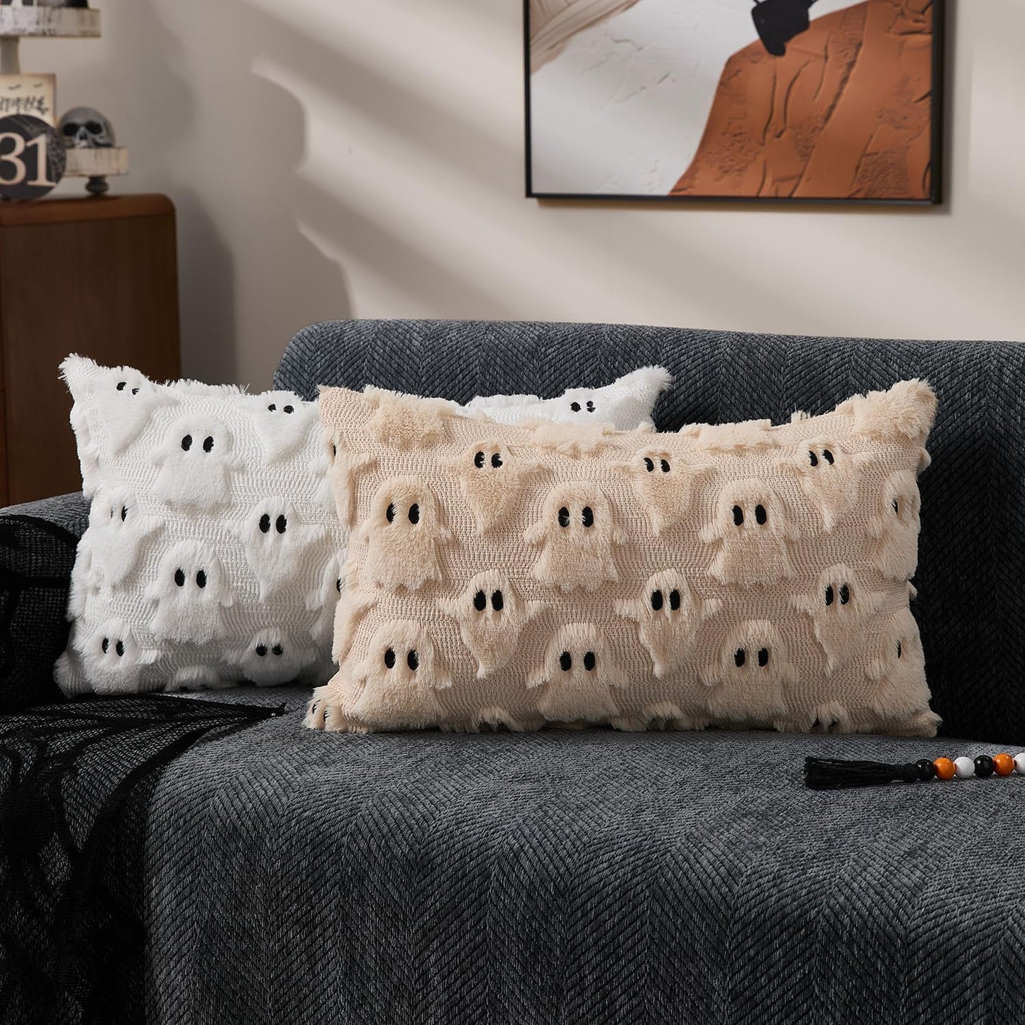 DFXSZ Halloween Pillow Covers 12x20 inch Ghost Decor Beige Halloween Lumbar Pillow Covers Decorative for Halloween Home Decor for Sofa 095B