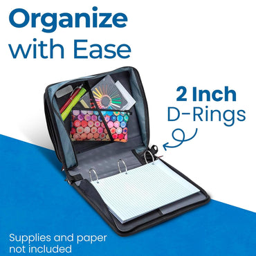 Case-It 2 Inch 3 D-Ring Zipper Binder with Padded Laptop Case Workstation, Shoulder Strap, LT-117, Black