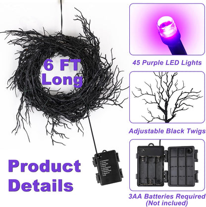 6 FT Halloween Black Garland Willow Vine Twig Decor with Orange & Purple Light, 8 Modes & Timer Battery Operated Waterproof Halloween Decorations Indoor for Mantle Fireplace Home Party Decor