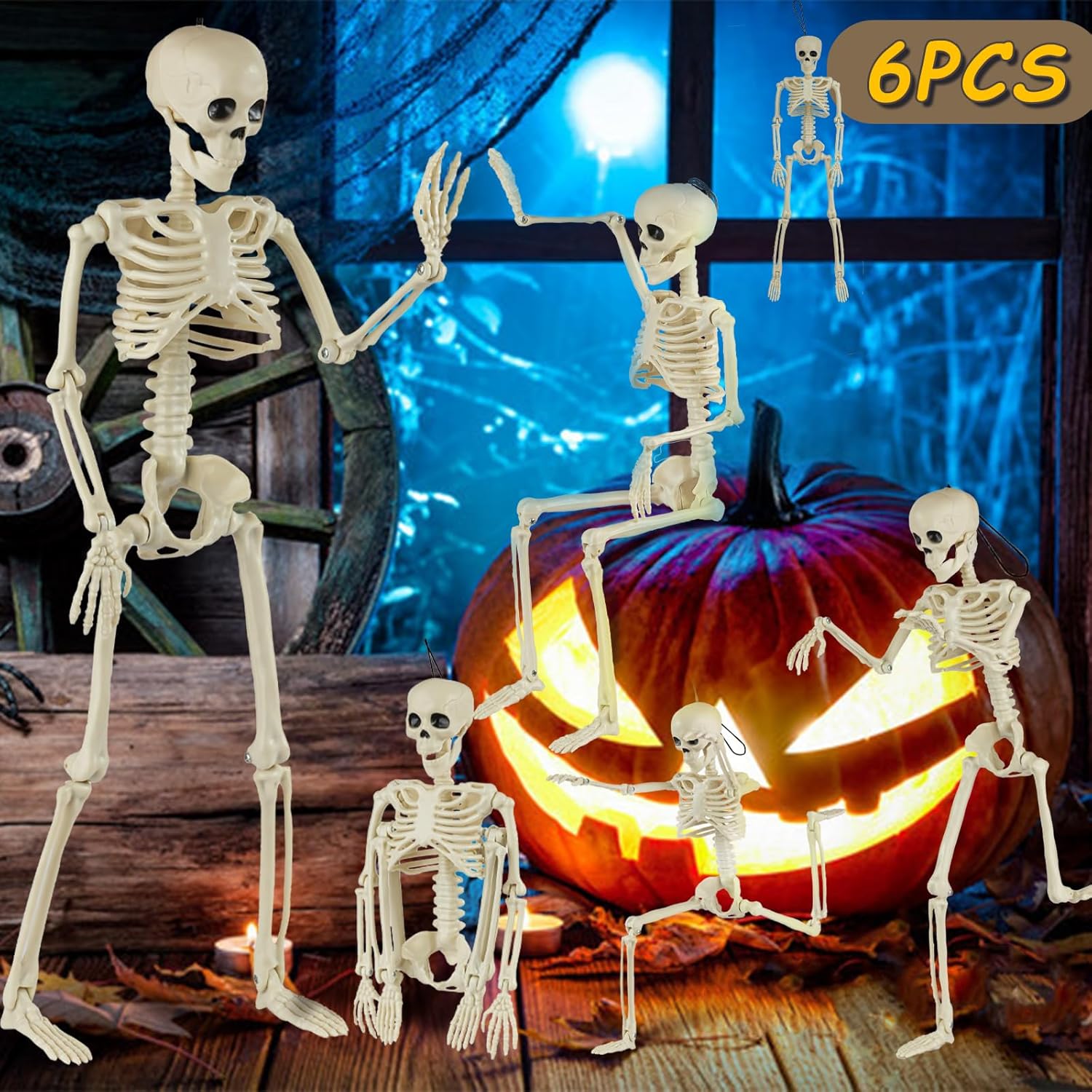 6 Packs Skeleton Halloween Decorations Outdoor with 16" Full Body Posable Joints Skeletons Decor, Halloween Party Decor Indoor, Yard Garden Lawn Graveyard Haunted House Props Spooky Party Decorations